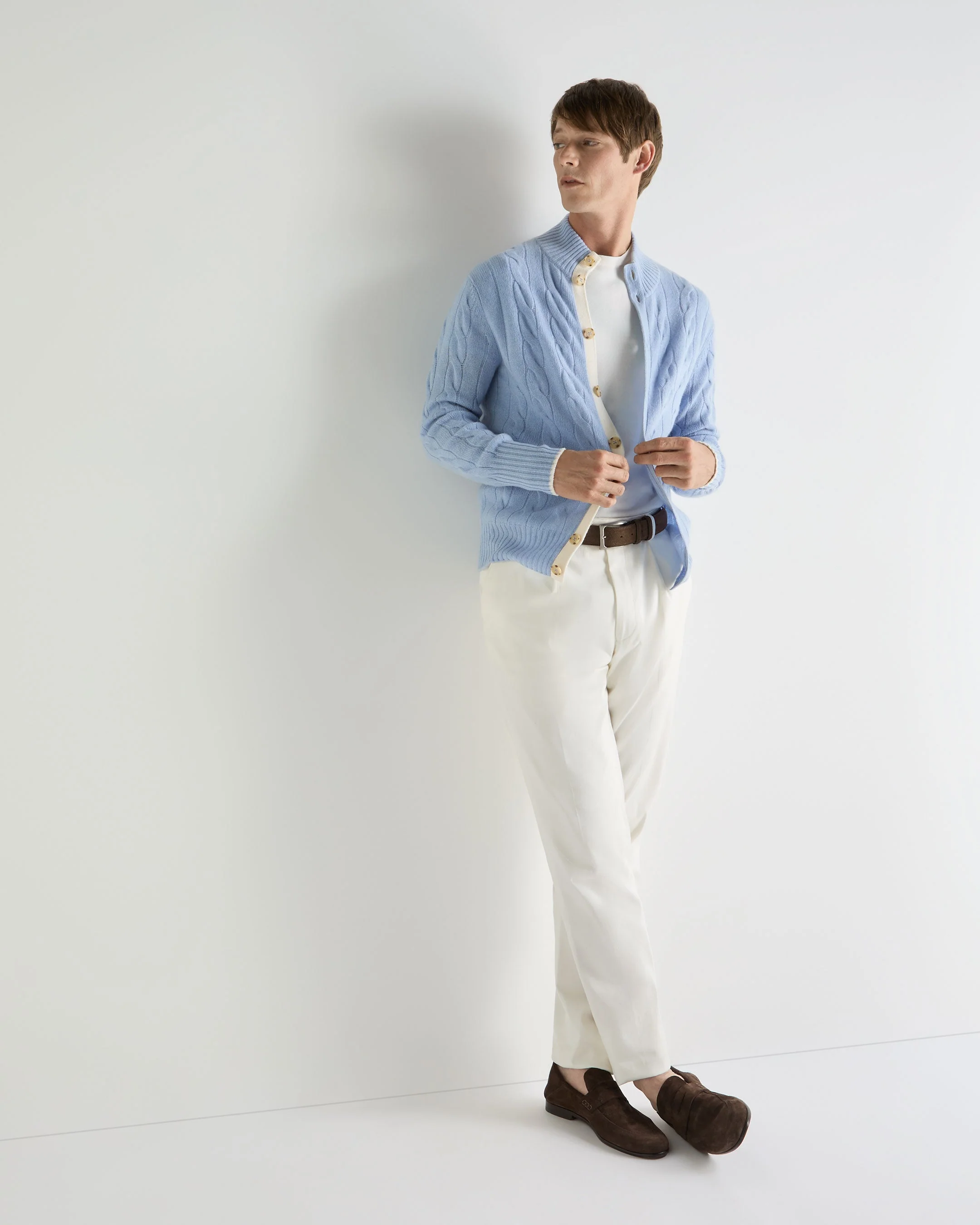 Men's Jermyn Cable Full Button Cashmere Cardigan Sea Mist Blue - Image 3