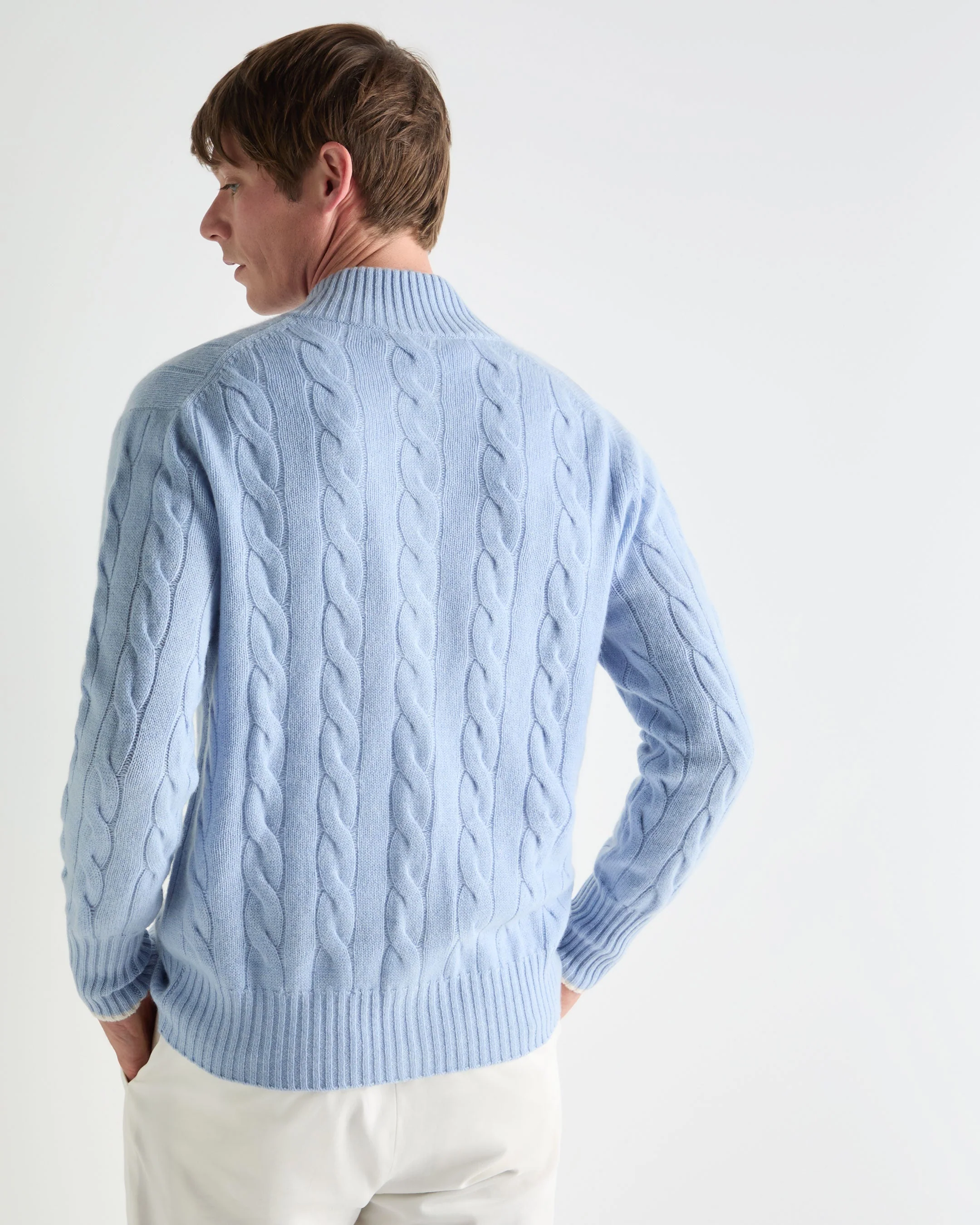 Men's Jermyn Cable Full Button Cashmere Cardigan Sea Mist Blue - Image 4