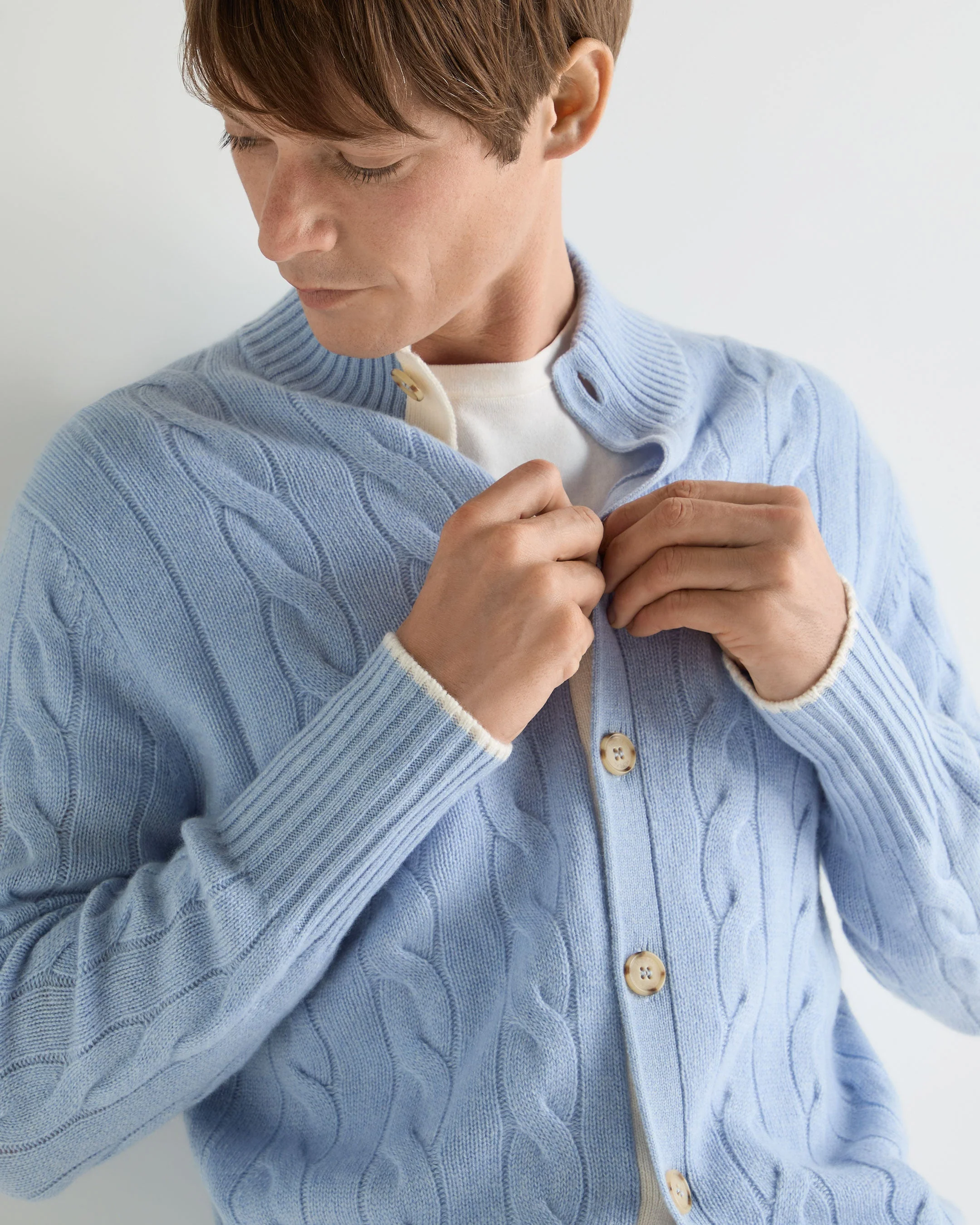 Men's Jermyn Cable Full Button Cashmere Cardigan Sea Mist Blue - Image 5