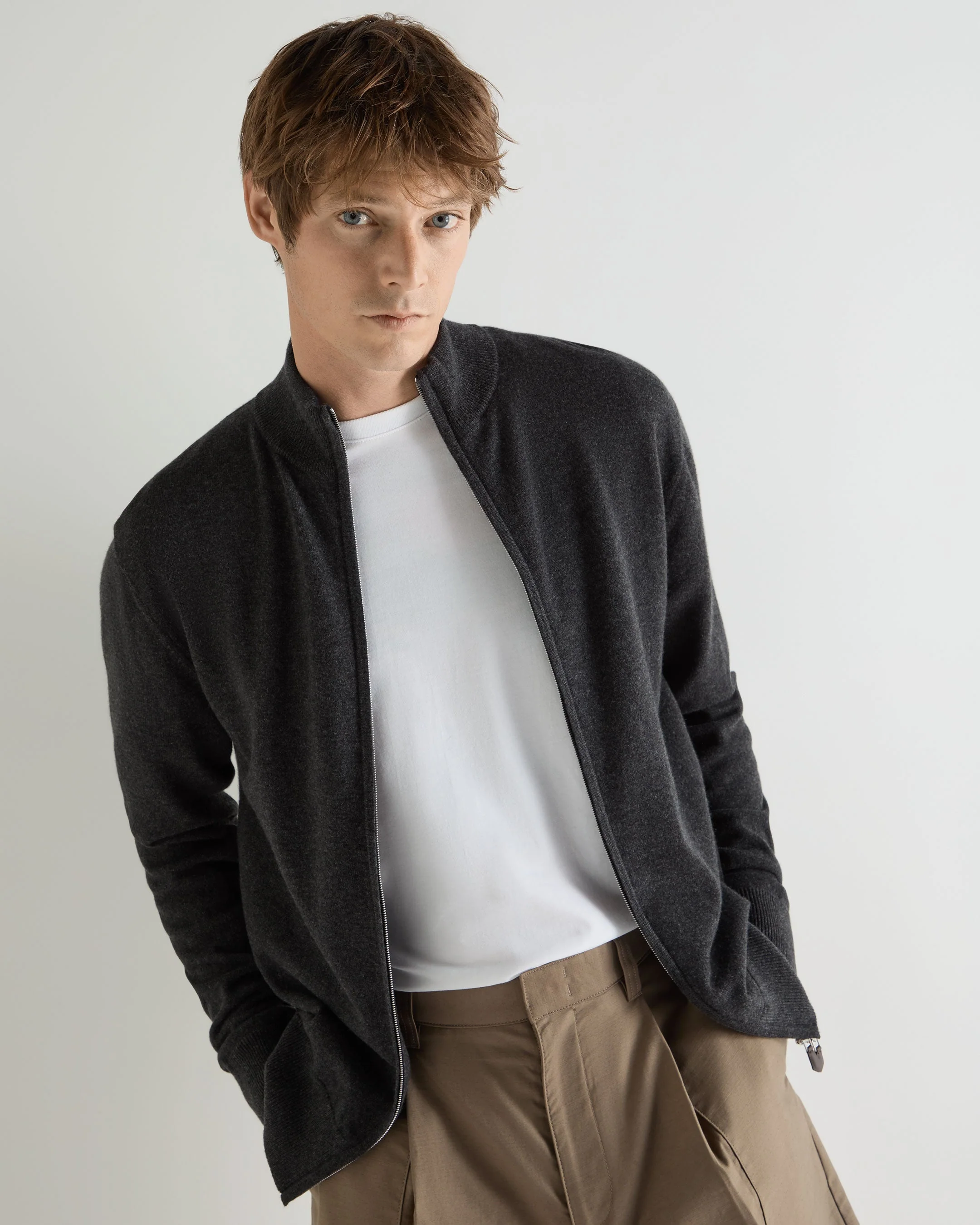 Men's Knightsbridge Full Zip Cashmere Sweater Deep Charcoal Grey