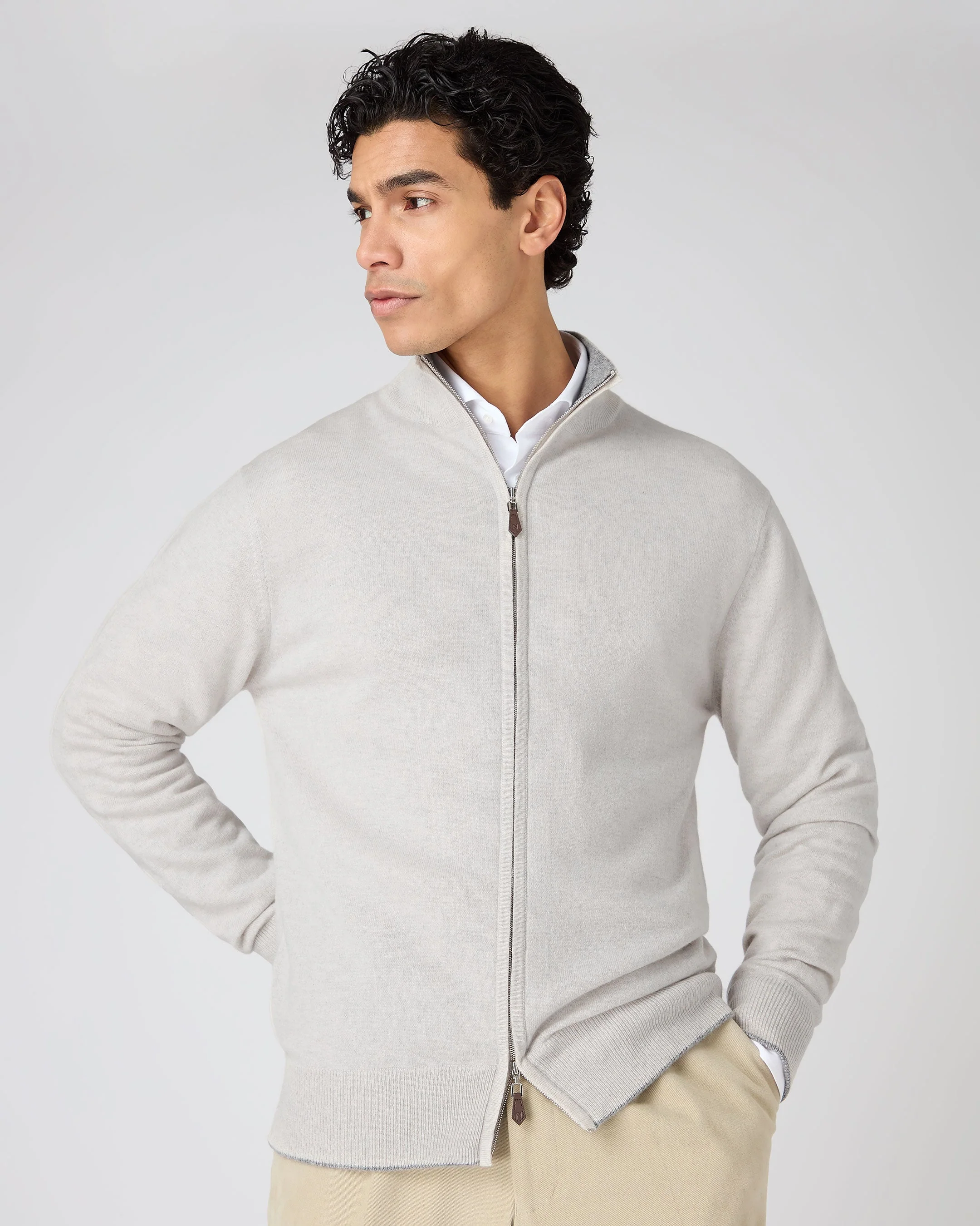Men's Knightsbridge Full Zip Cashmere Jumper Pebble Grey
