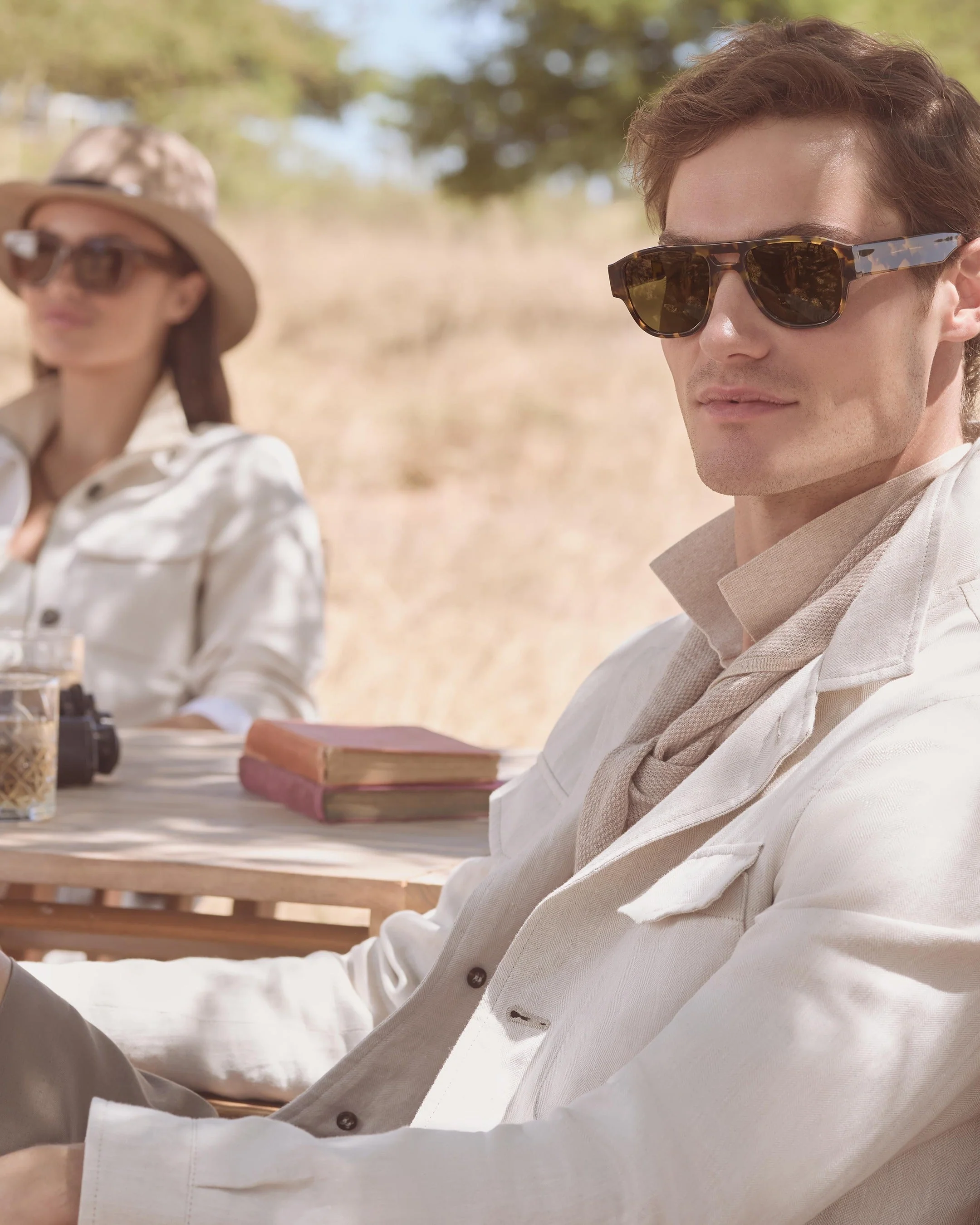 Men's Linen Blend Herringbone Safari Jacket Chalk White - Image 12