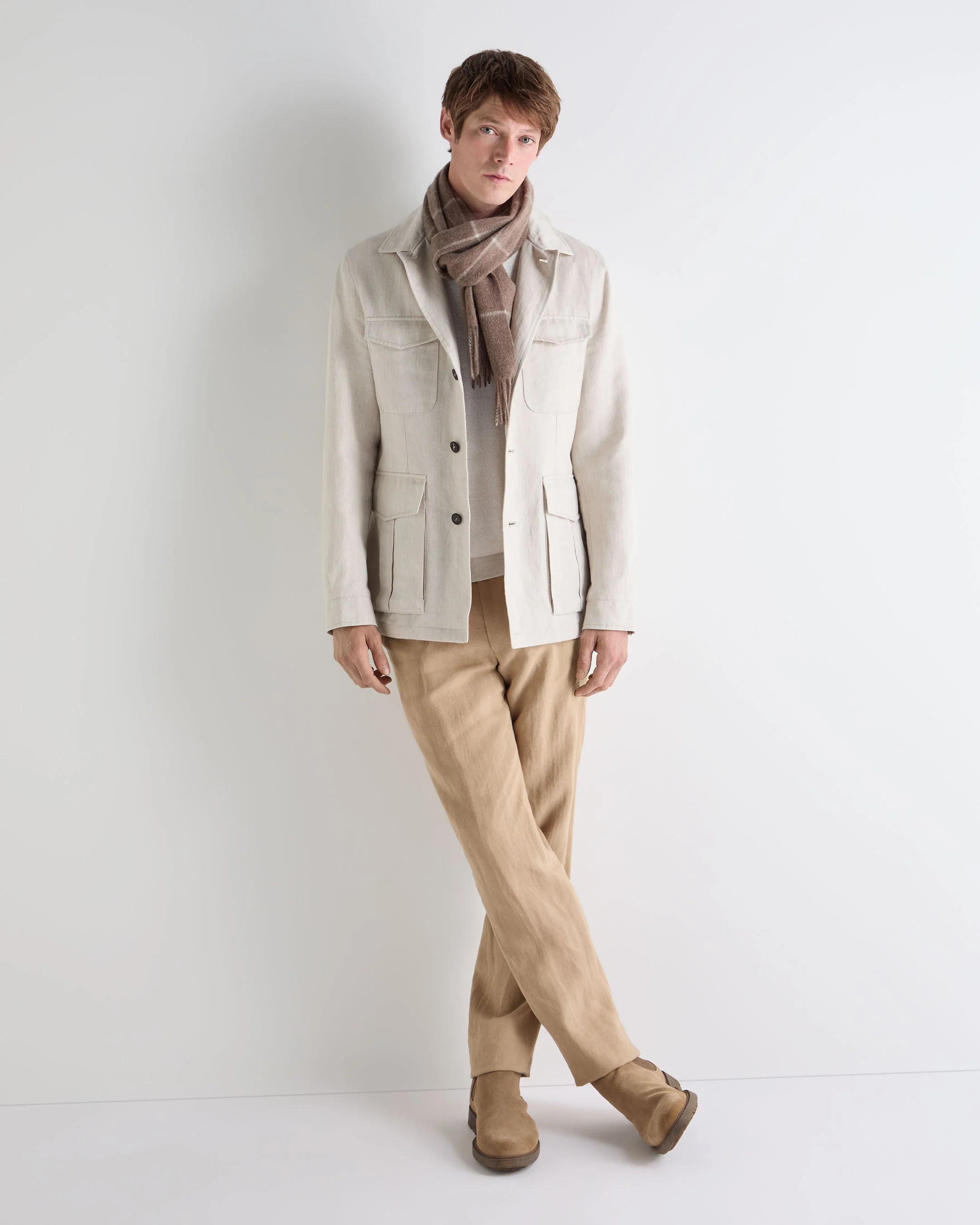 Men's Linen Blend Herringbone Safari Jacket Chalk White - Image 3