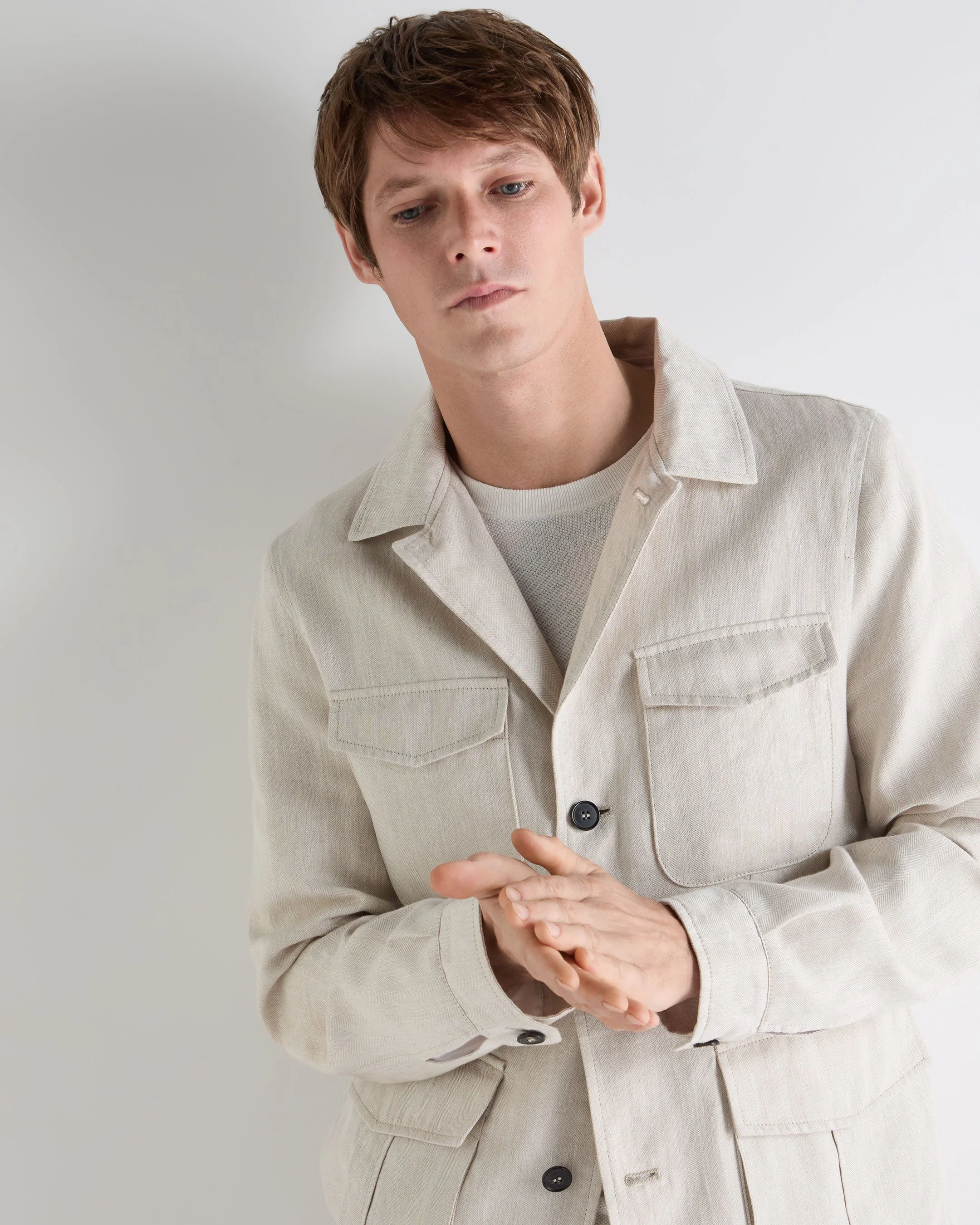 Men's Linen Blend Herringbone Safari Jacket Chalk White - Image 5
