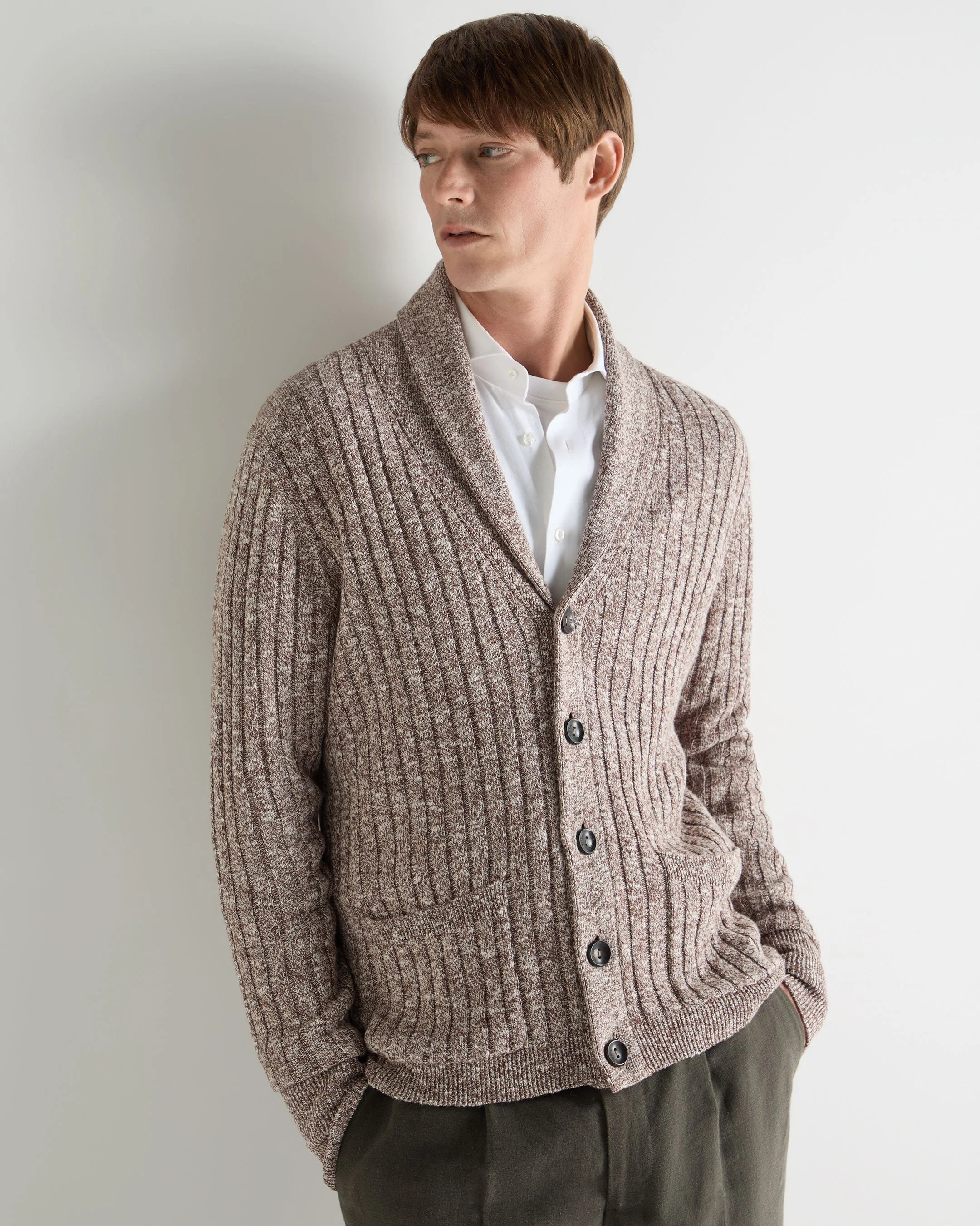 Men's Marl Shawl Cotton Blend Cardigan Brown Marl