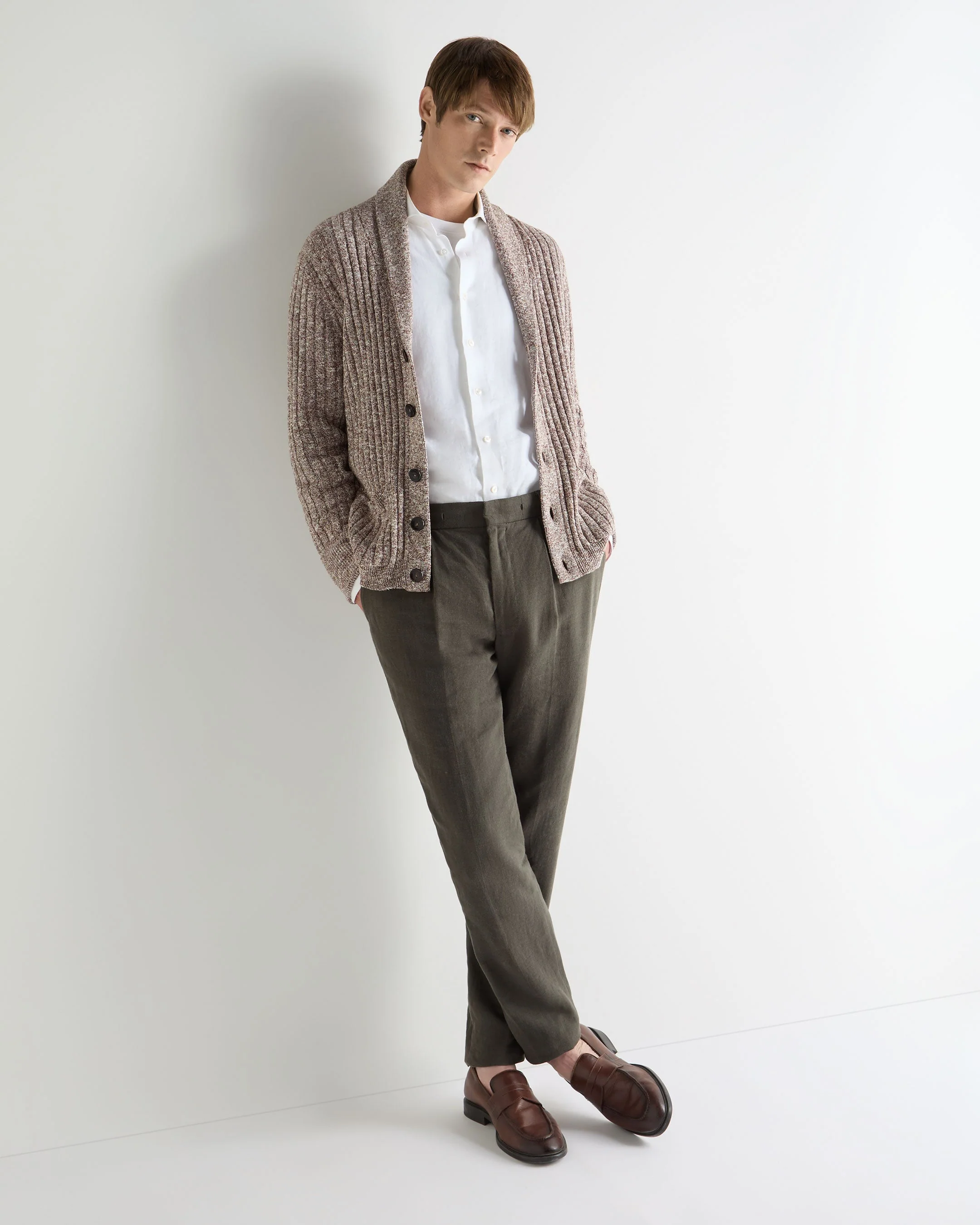 Men's Marl Shawl Cotton Blend Cardigan Brown Marl - Image 3