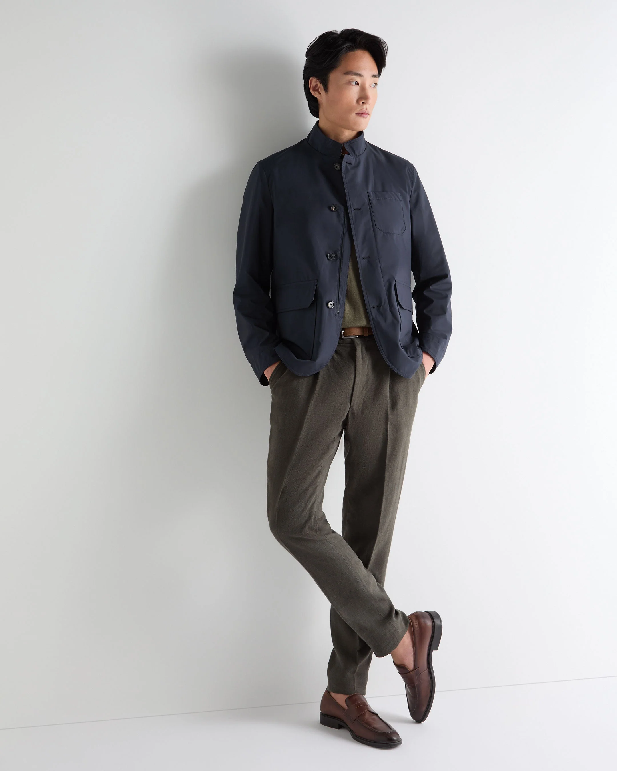 Men's Microfibre Stand Collar Jacket Navy Blue - Image 3