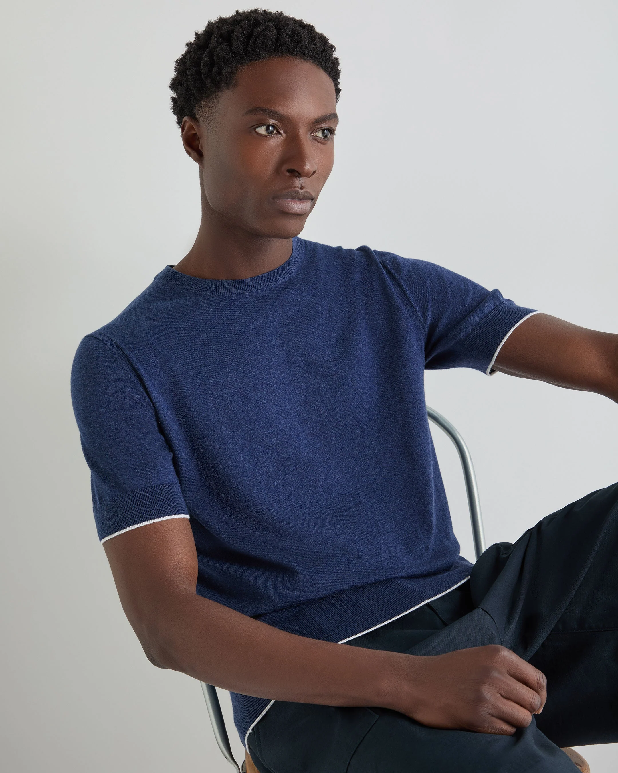 Men's Newquay Cotton Cashmere T-Shirt Dark Denim Blue - Image 5