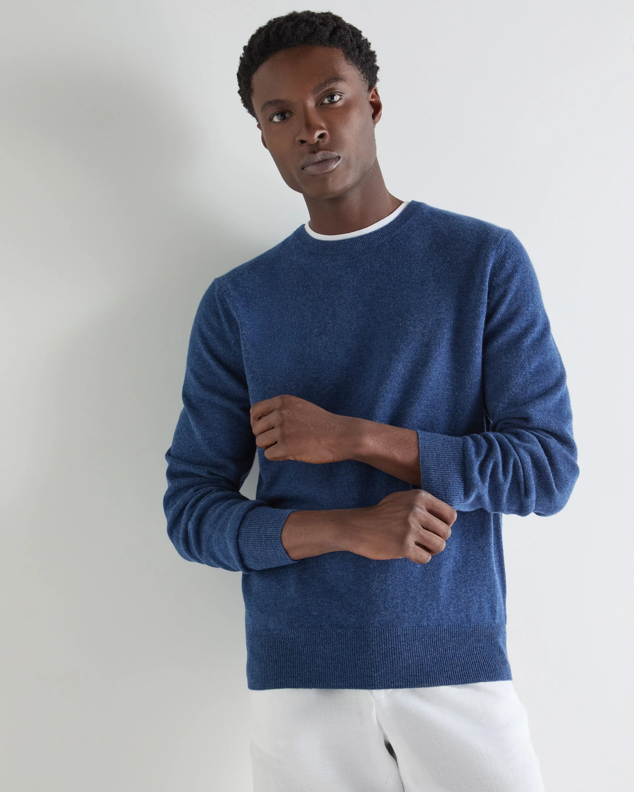 Men's Oxford Round Neck Cashmere Sweater Bright Denim Blue