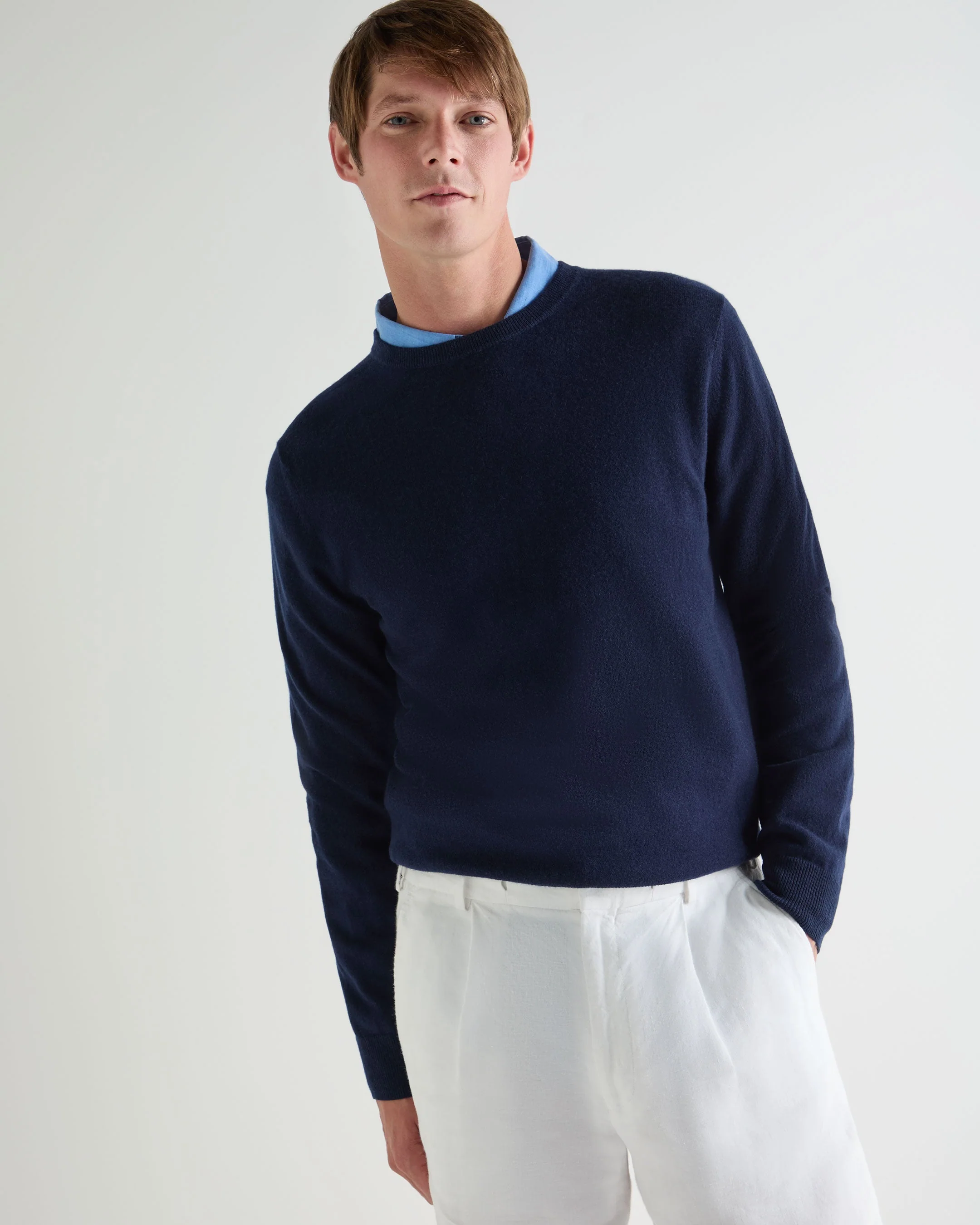 Men's Oxford Round Neck Cashmere Sweater Deep French Blue
