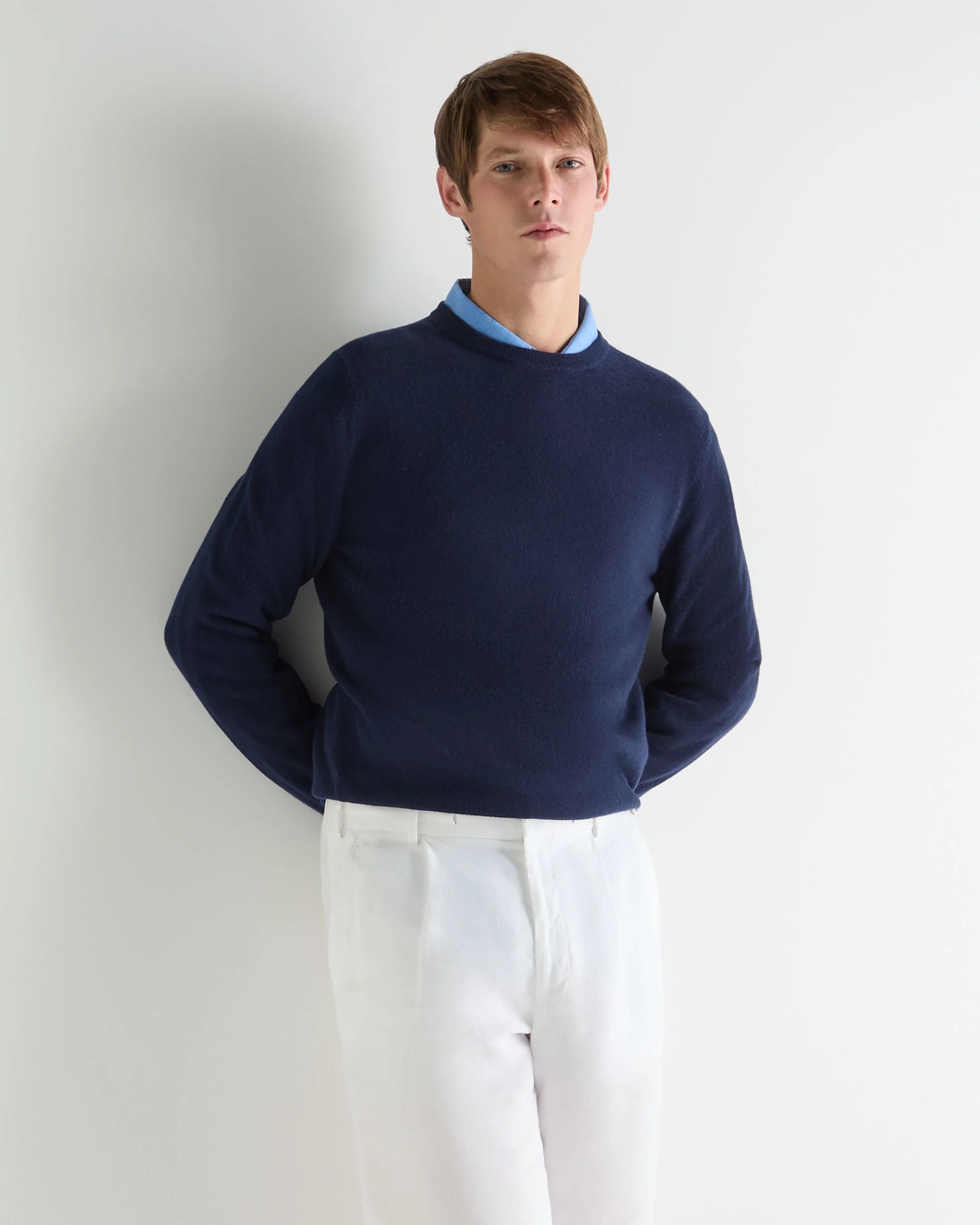 Men's Oxford Round Neck Cashmere Sweater Deep French Blue - Image 3