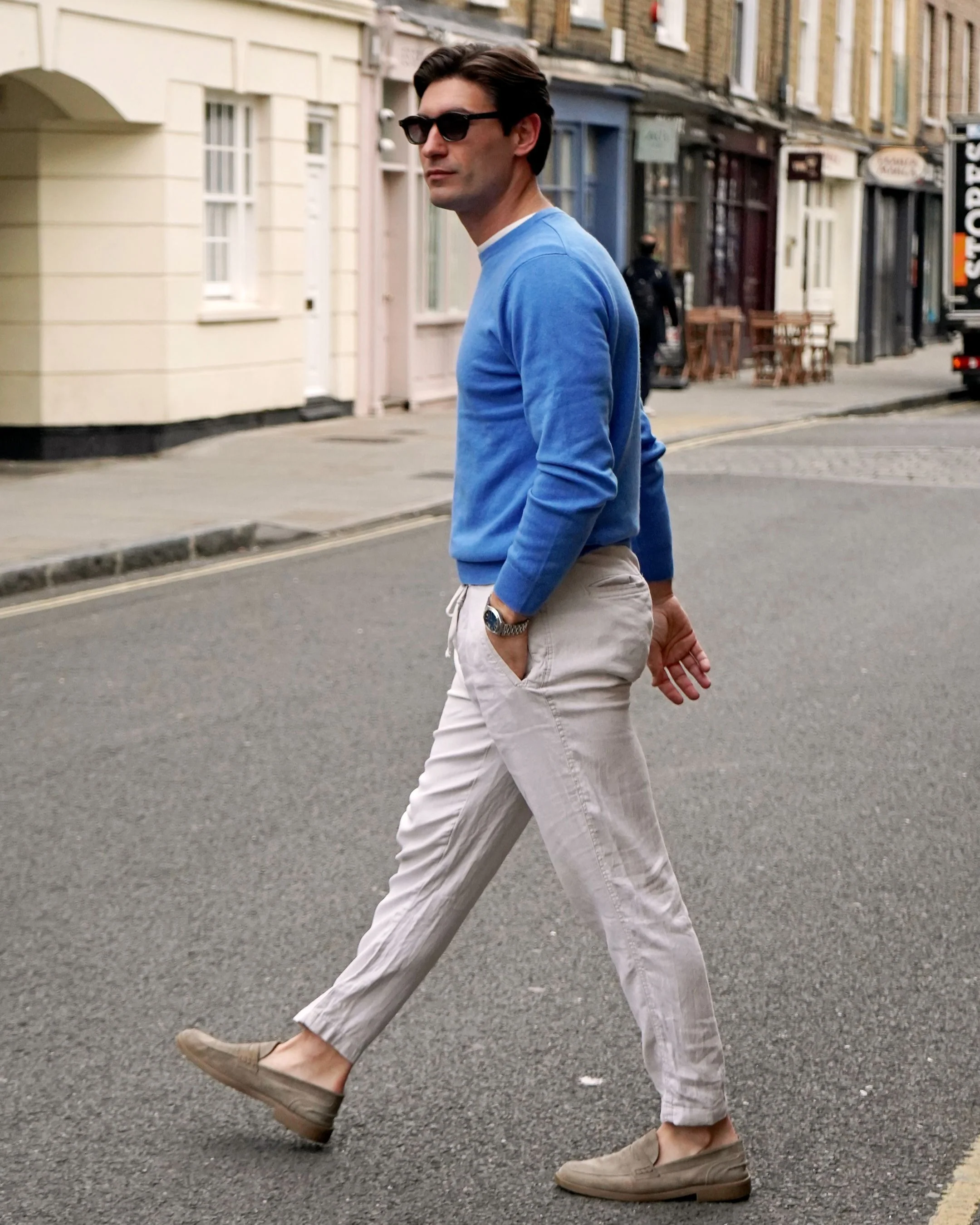 Men's Oxford Round Neck Cashmere Sweater Sunshine Blue - Image 6