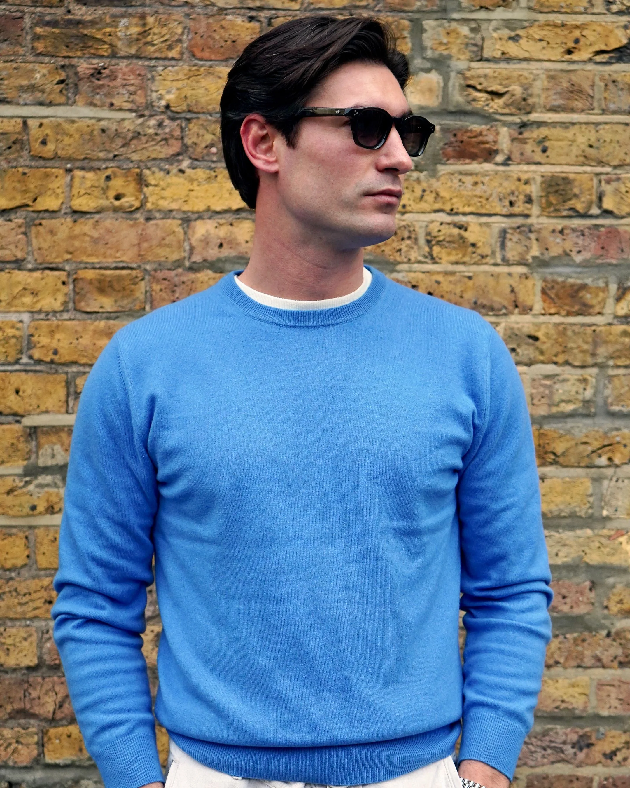 Men's Oxford Round Neck Cashmere Sweater Sunshine Blue - Image 7