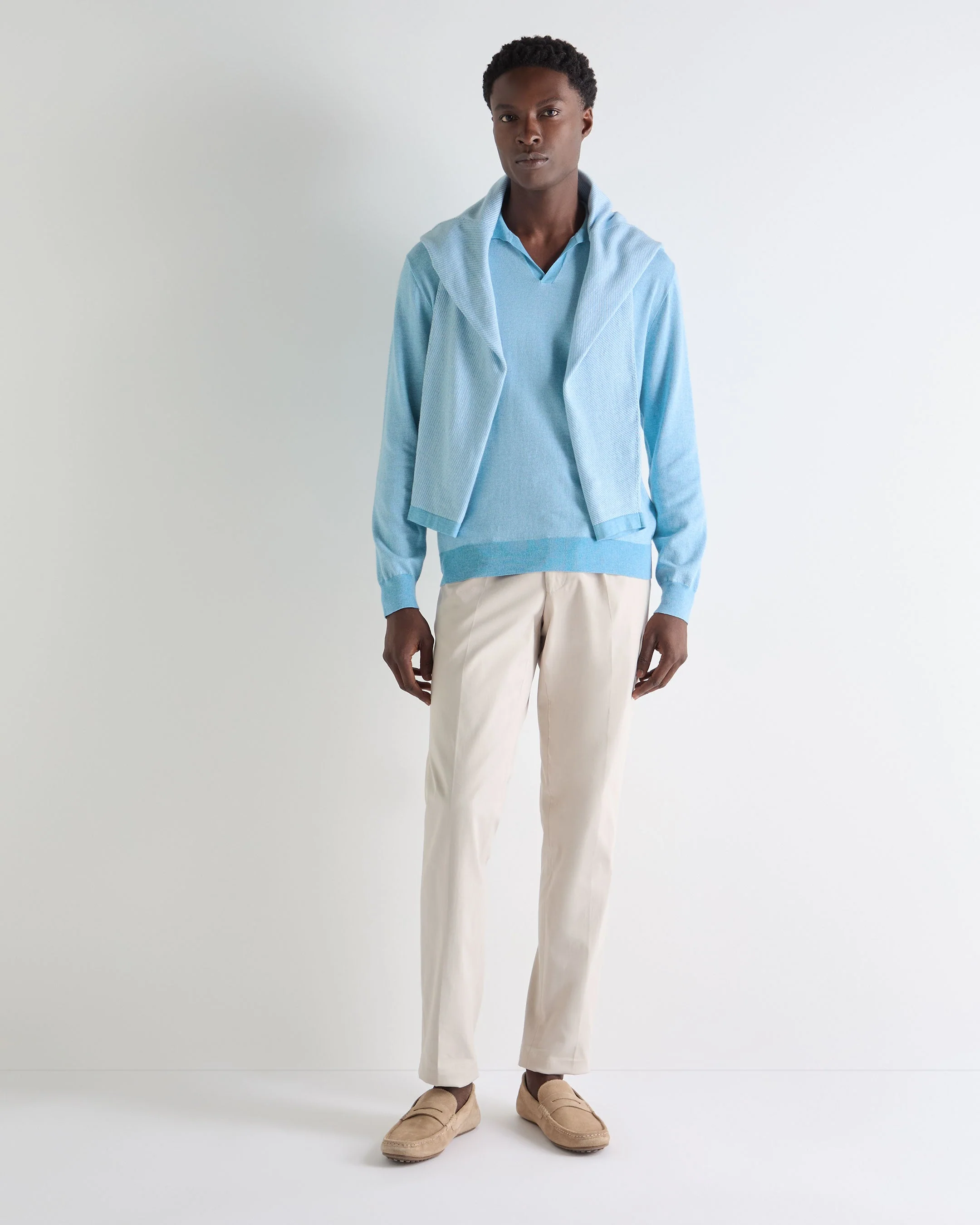 Men's Padstow Cotton Cashmere Polo Shirt Cornflower Blue - Image 3