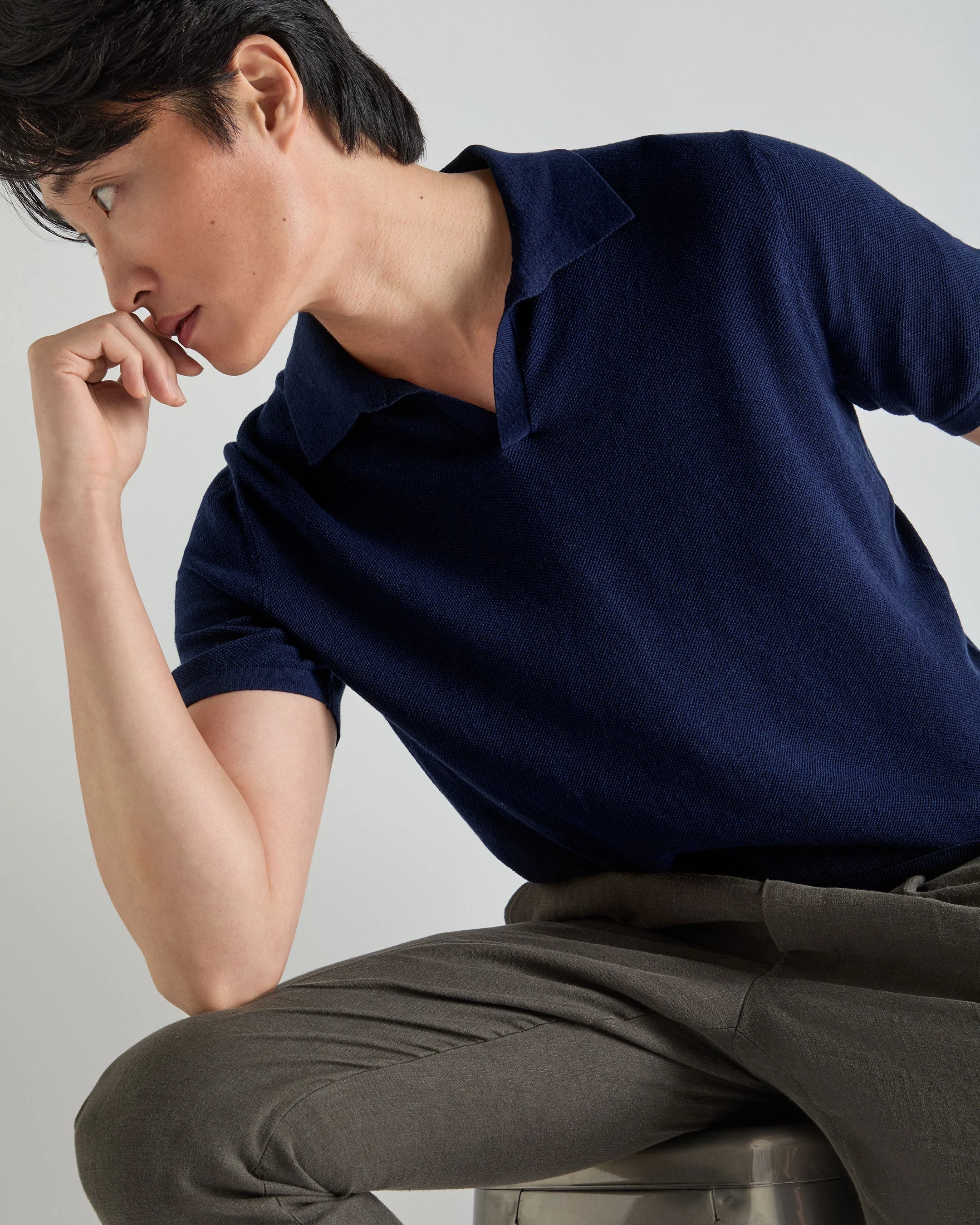 Men's Pique Linen Blend Polo Deep French Blue - Image 5