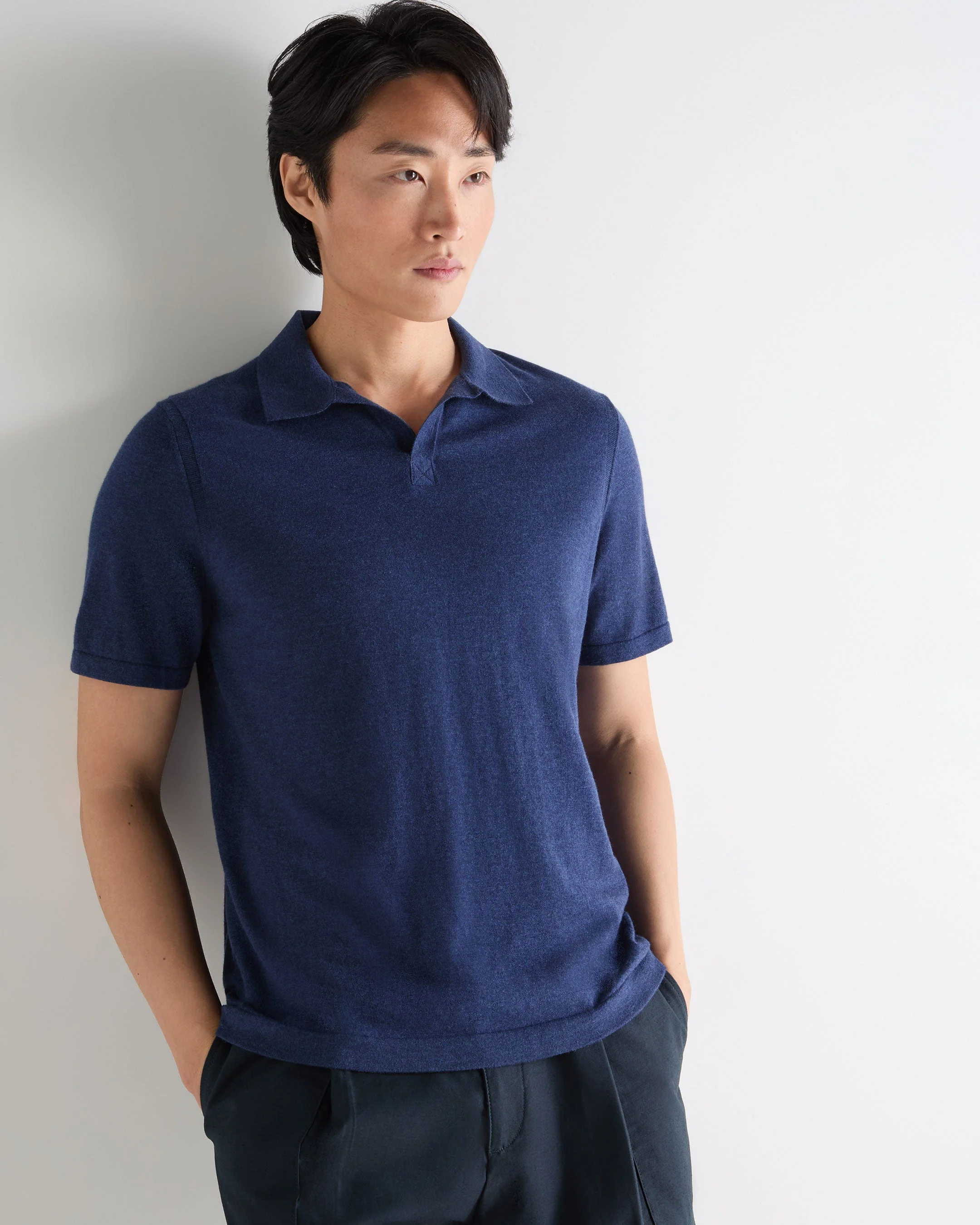 Men's Polo Cotton Cashmere T-Shirt Dark Denim Blue - Image 5