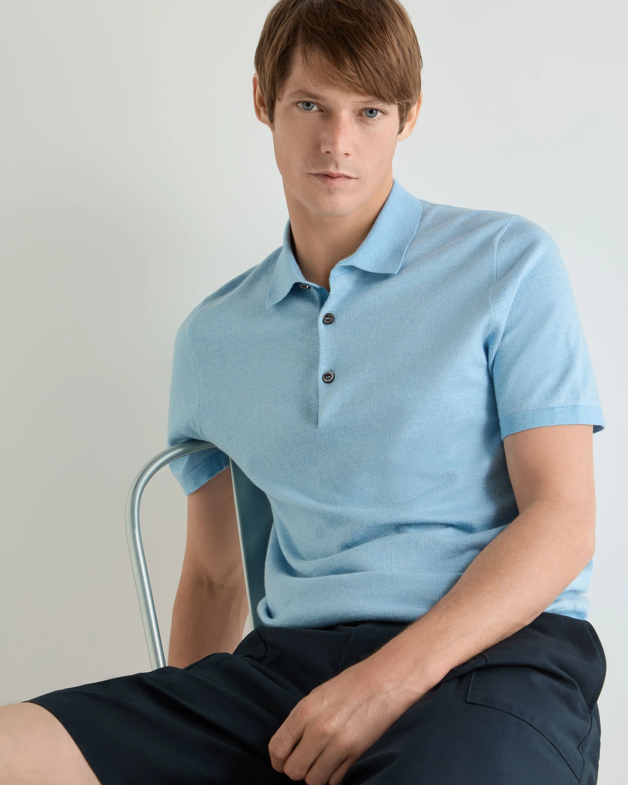 Men's Polzeath Cotton Cashmere Polo T-Shirt Cornflower Blue - Image 5