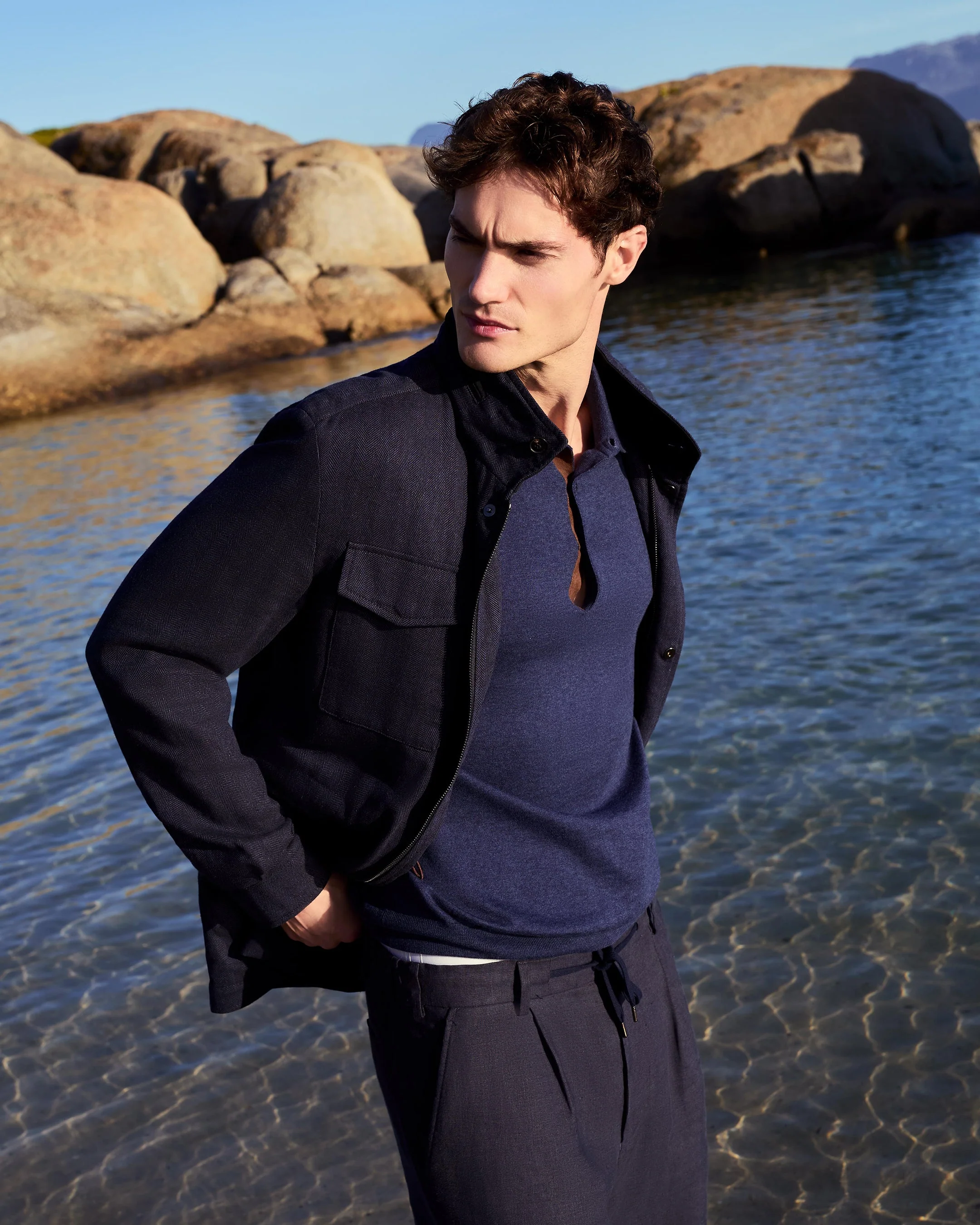 Men's Polzeath Cotton Cashmere Polo T-Shirt Dark Denim Blue - Image 7