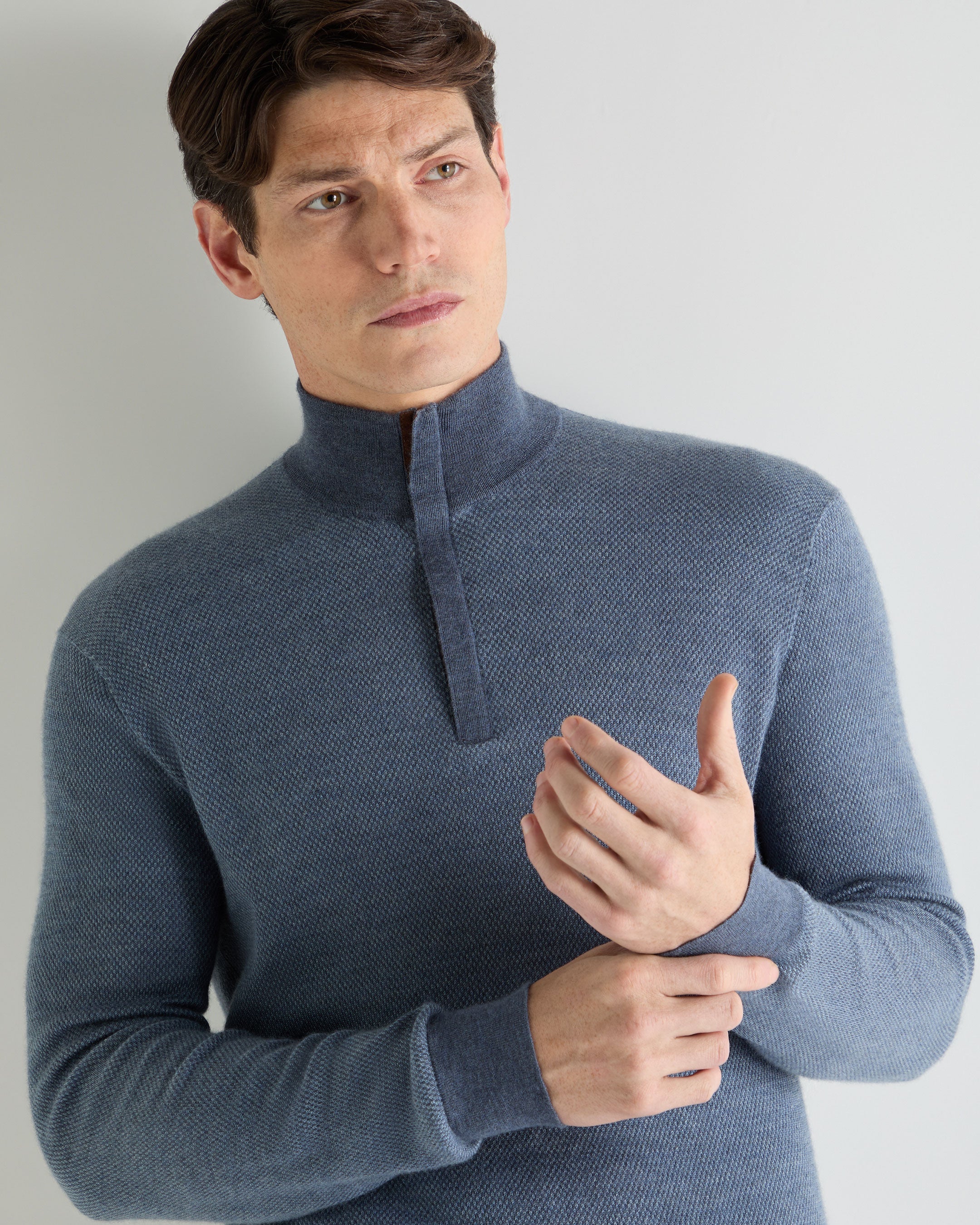Men's Regent Birdseye Fine Gauge Cashmere Half Zip Sweater Denim Blue Birdseye - Image 5