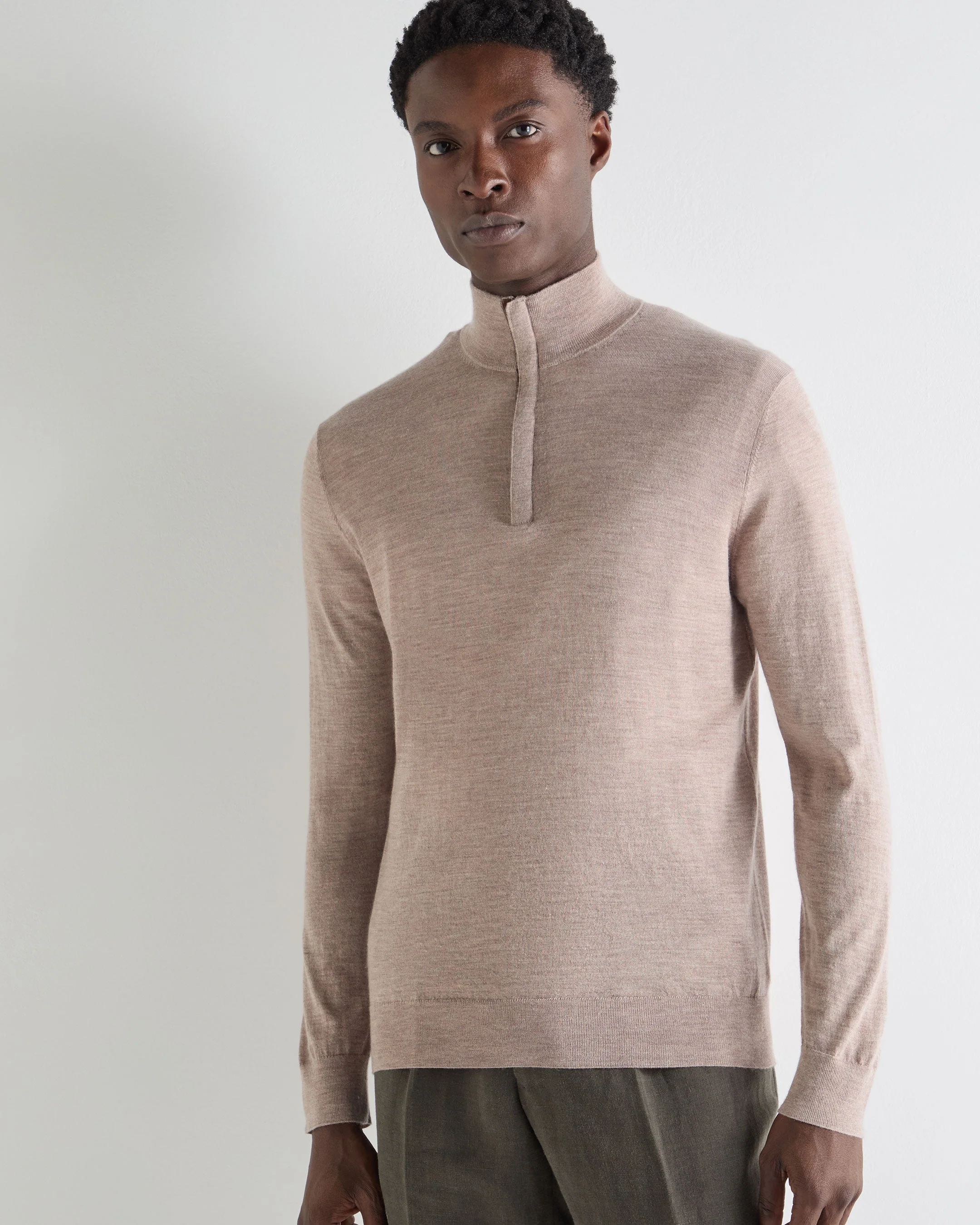 Men's Regent Fine Gauge Cashmere Half Zip Sweater Soft Taupe Brown