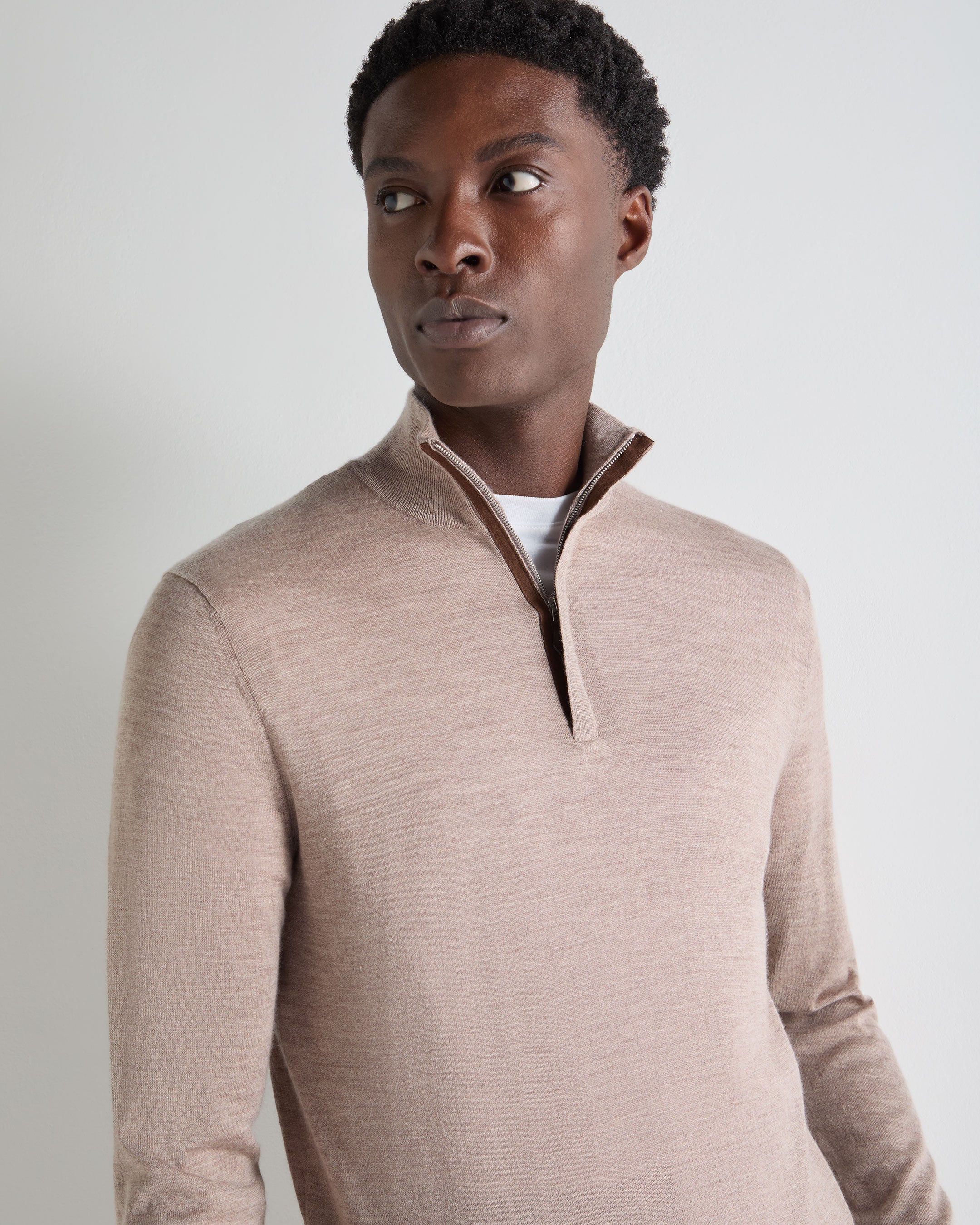 Men's Regent Fine Gauge Cashmere Half Zip Sweater Soft Taupe Brown - Image 5