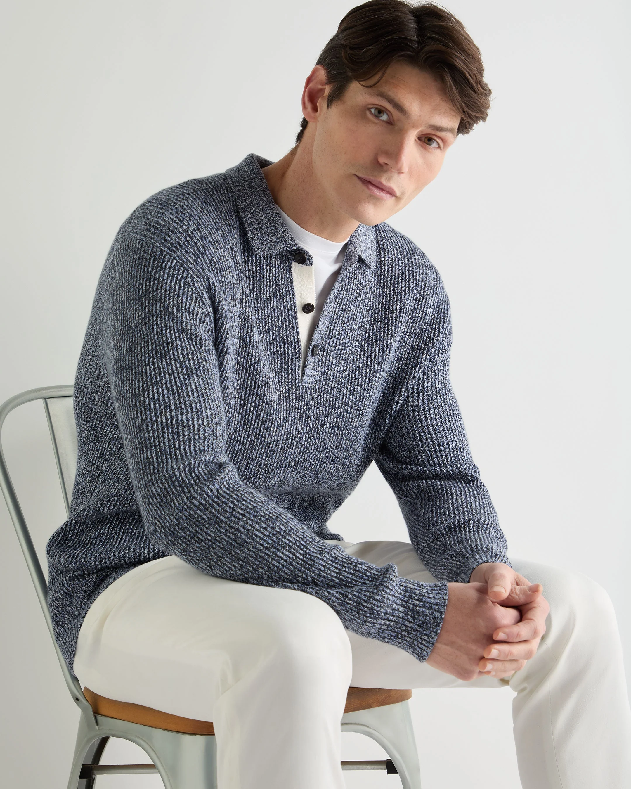 Men's Rib Polo Cotton Blend Sweater Blue Marl