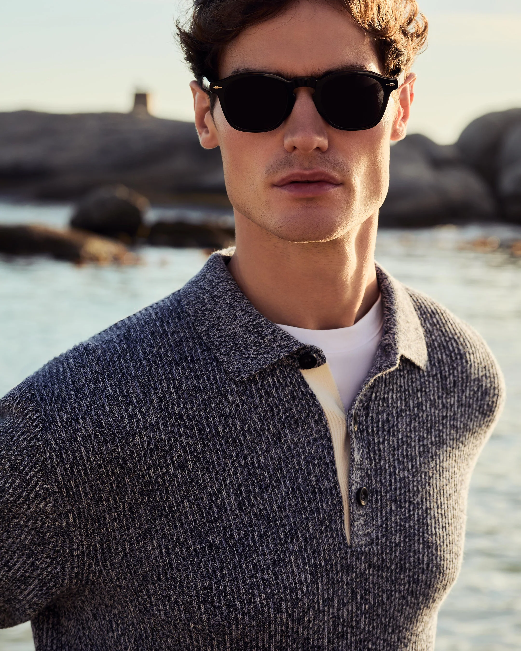 Men's Rib Polo Cotton Blend Sweater Blue Marl - Image 6
