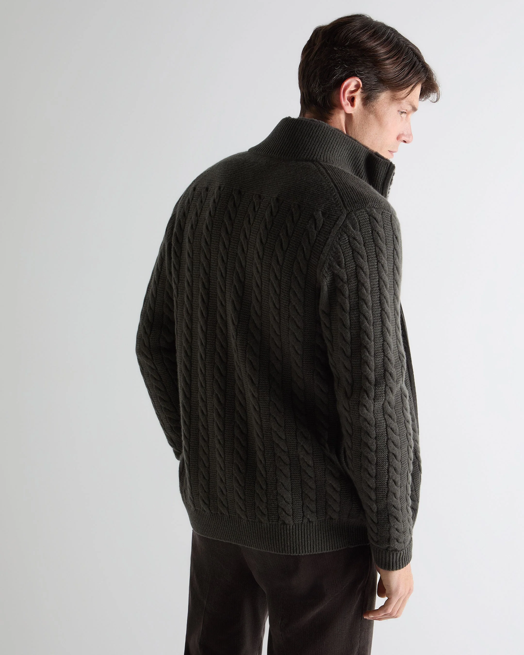 Men's Richmond Cable Cashmere Cardigan Arabica Khaki Green - Image 4