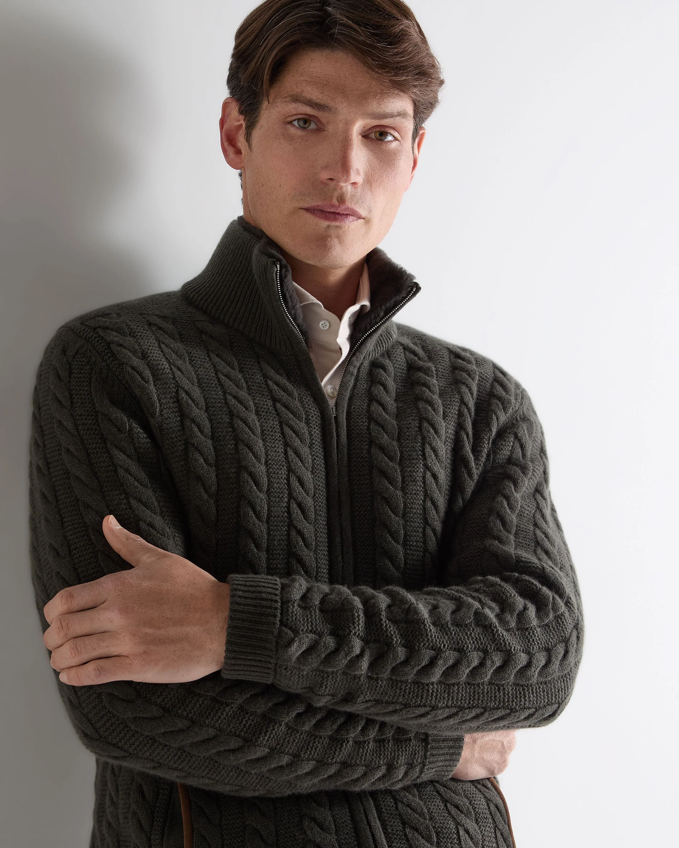 Men's Richmond Cable Cashmere Cardigan Arabica Khaki Green - Image 5