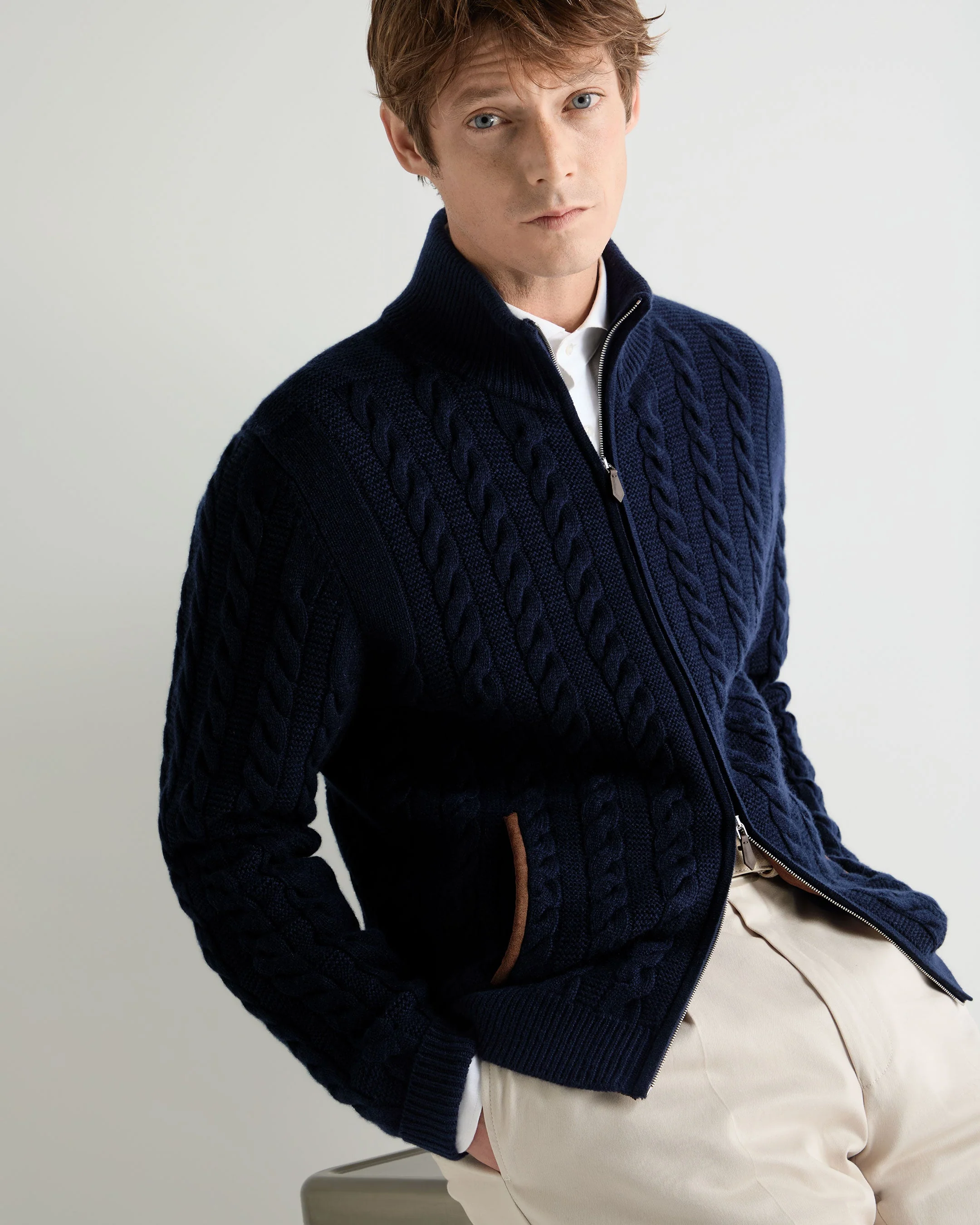 Men's Richmond Cable Cashmere Cardigan Deep French Blue