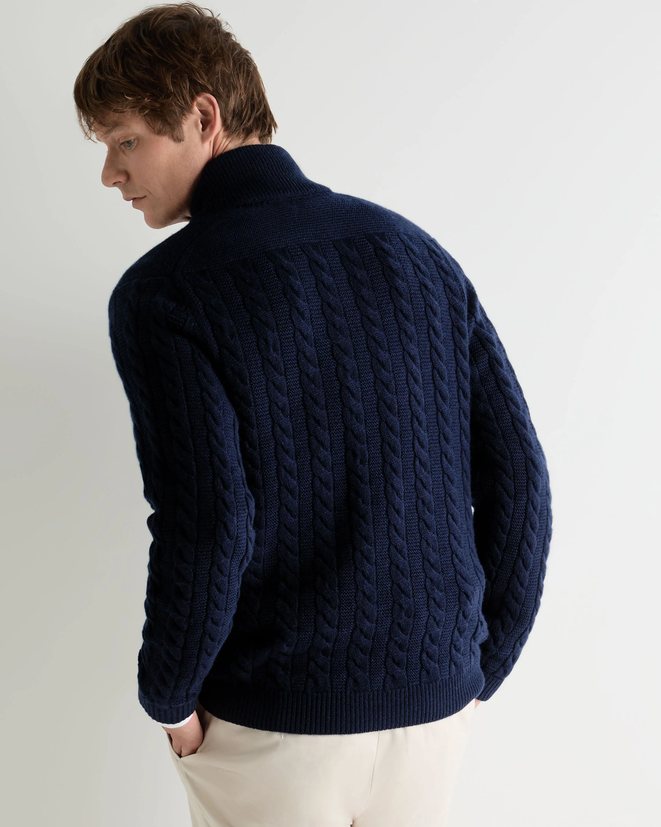 Men's Richmond Cable Cashmere Cardigan Deep French Blue - Image 4