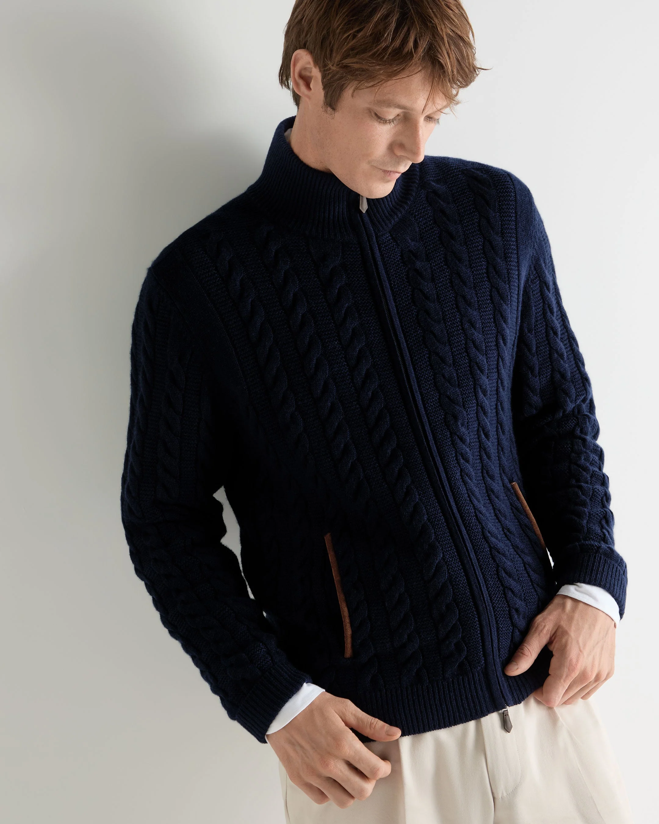 Men's Richmond Cable Cashmere Cardigan Deep French Blue - Image 5