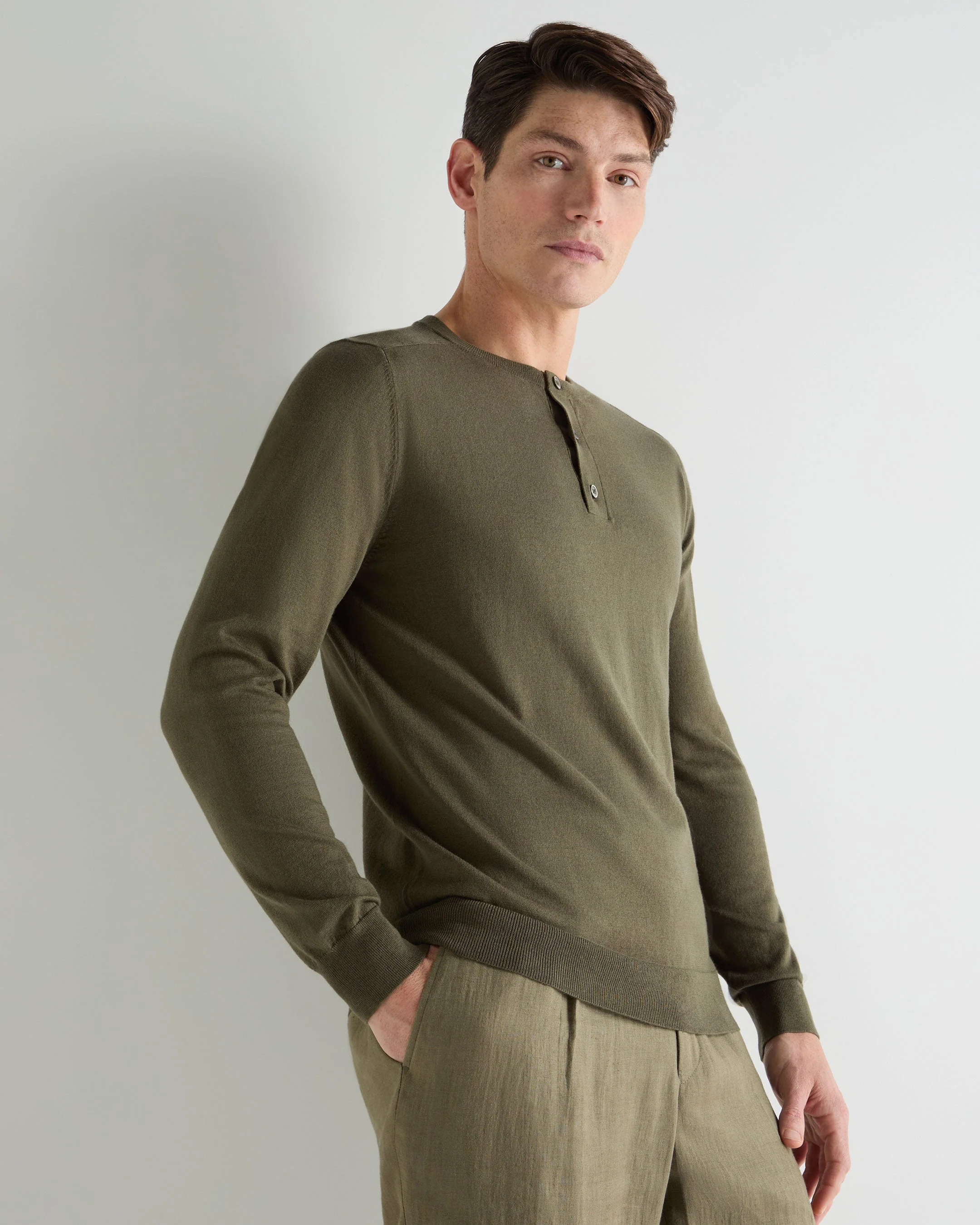 Men's Round Neck Cotton Cashmere Henley Khaki Green