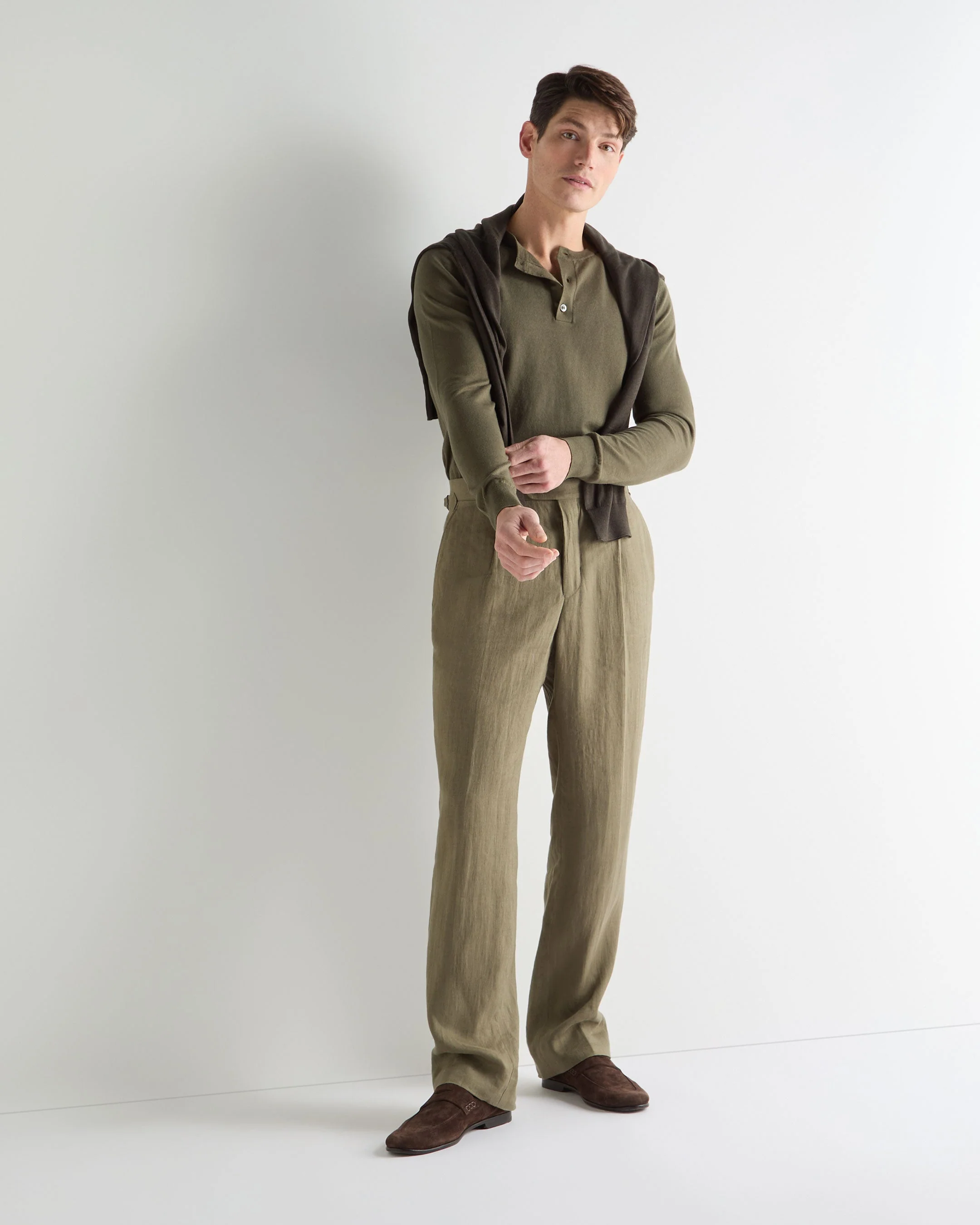Men's Round Neck Cotton Cashmere Henley Khaki Green - Image 3