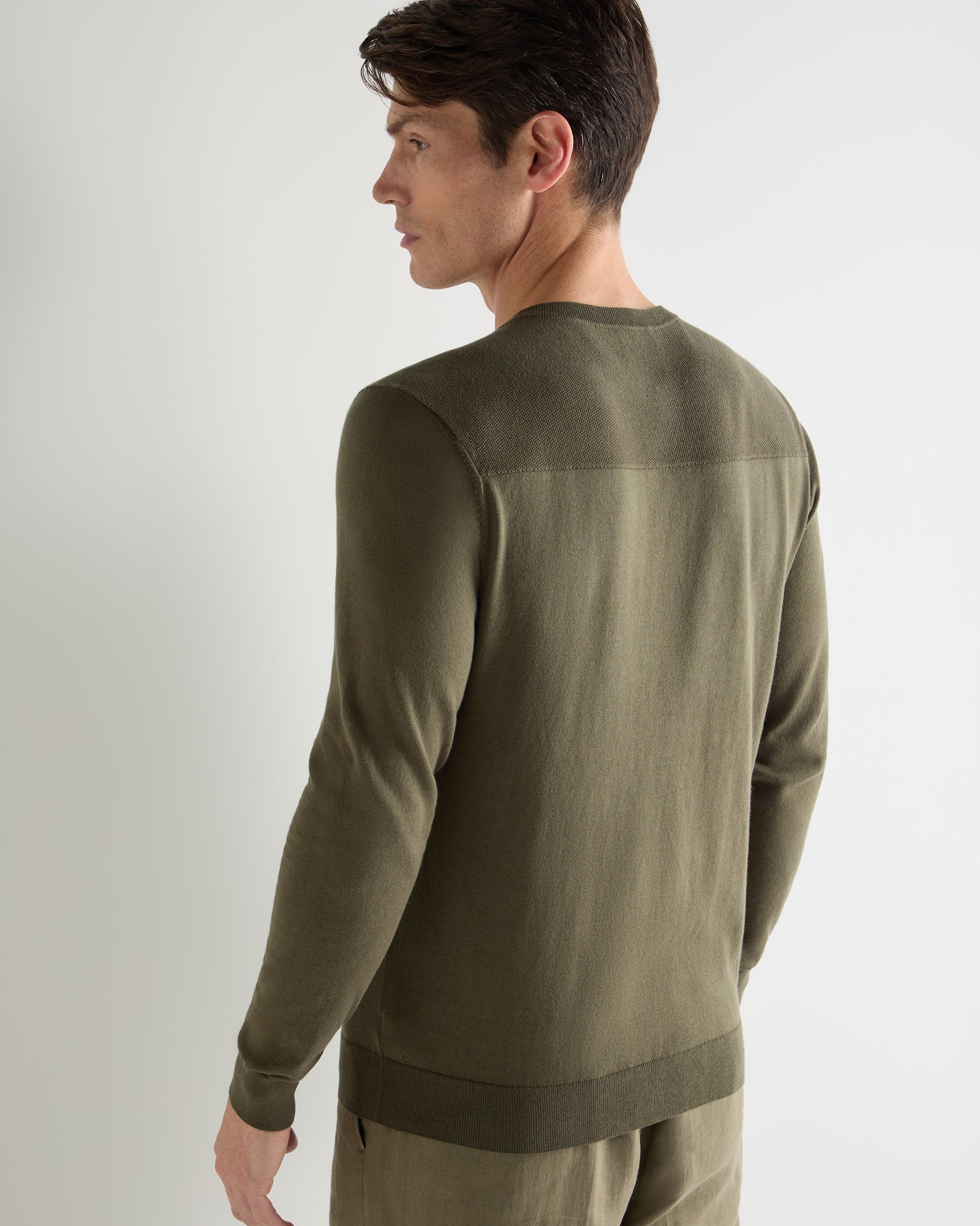 Men's Round Neck Cotton Cashmere Henley Khaki Green - Image 4