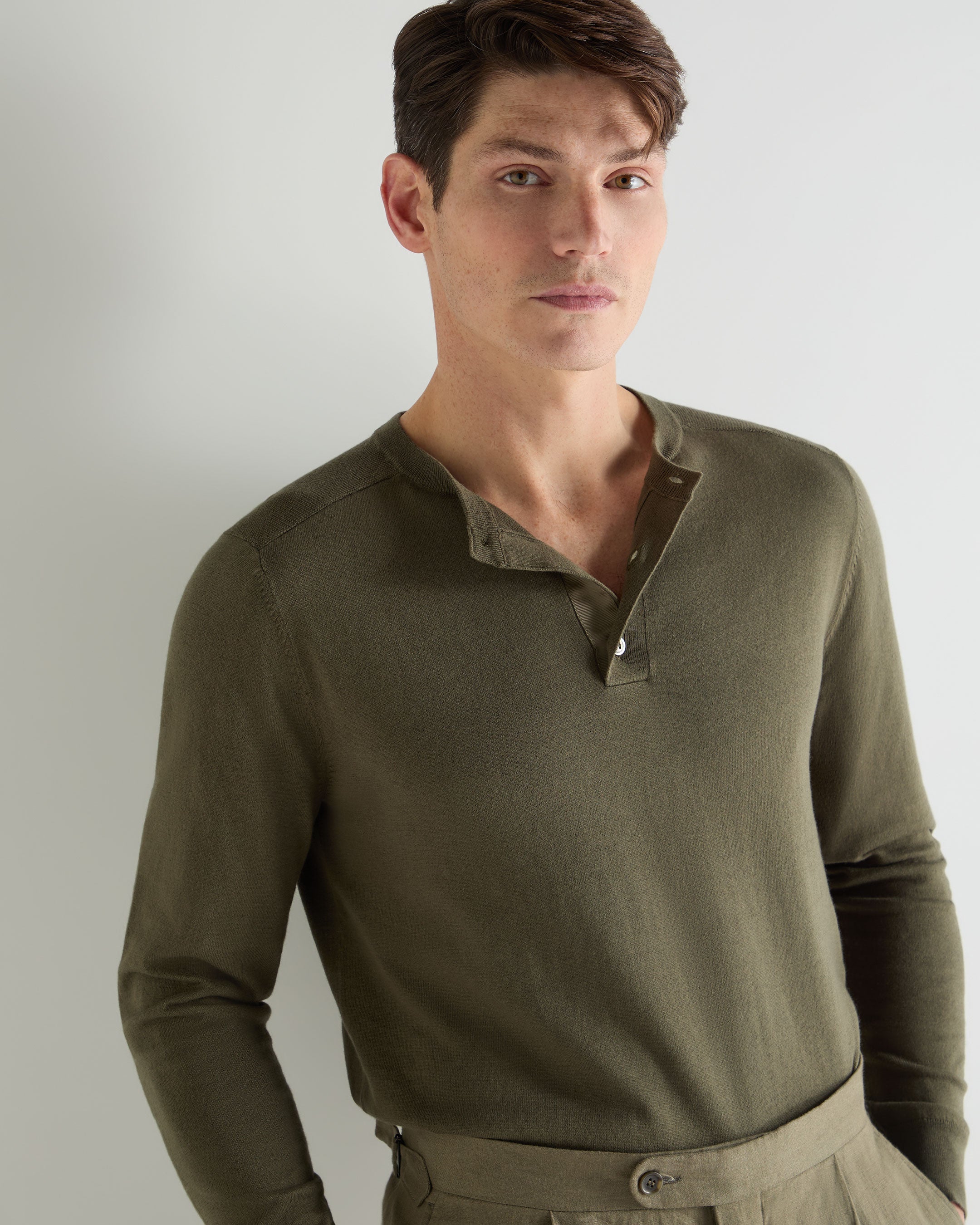 Men's Round Neck Cotton Cashmere Henley Khaki Green - Image 5