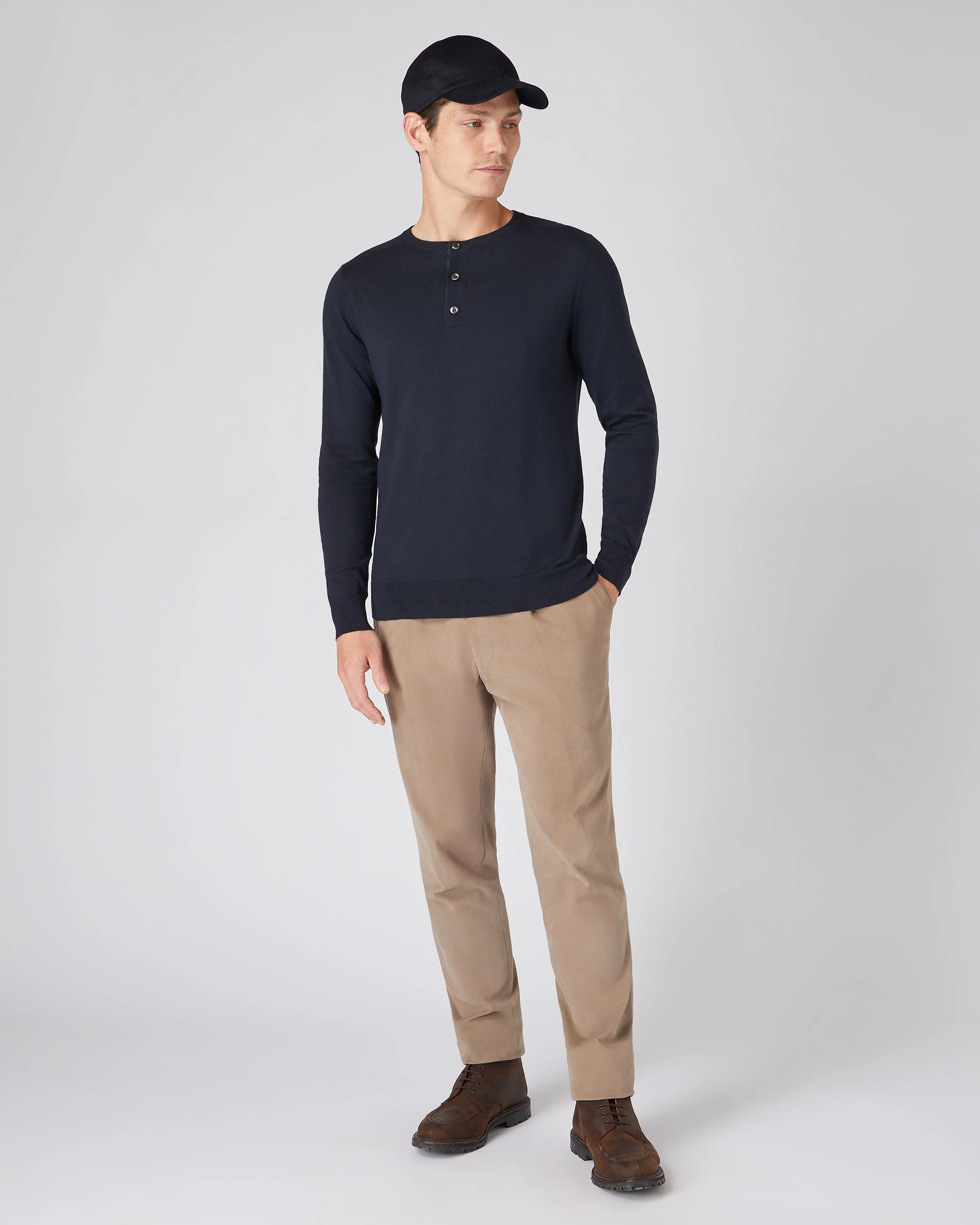 Men's Round Neck Cotton Cashmere Henley Navy Blue - Image 3