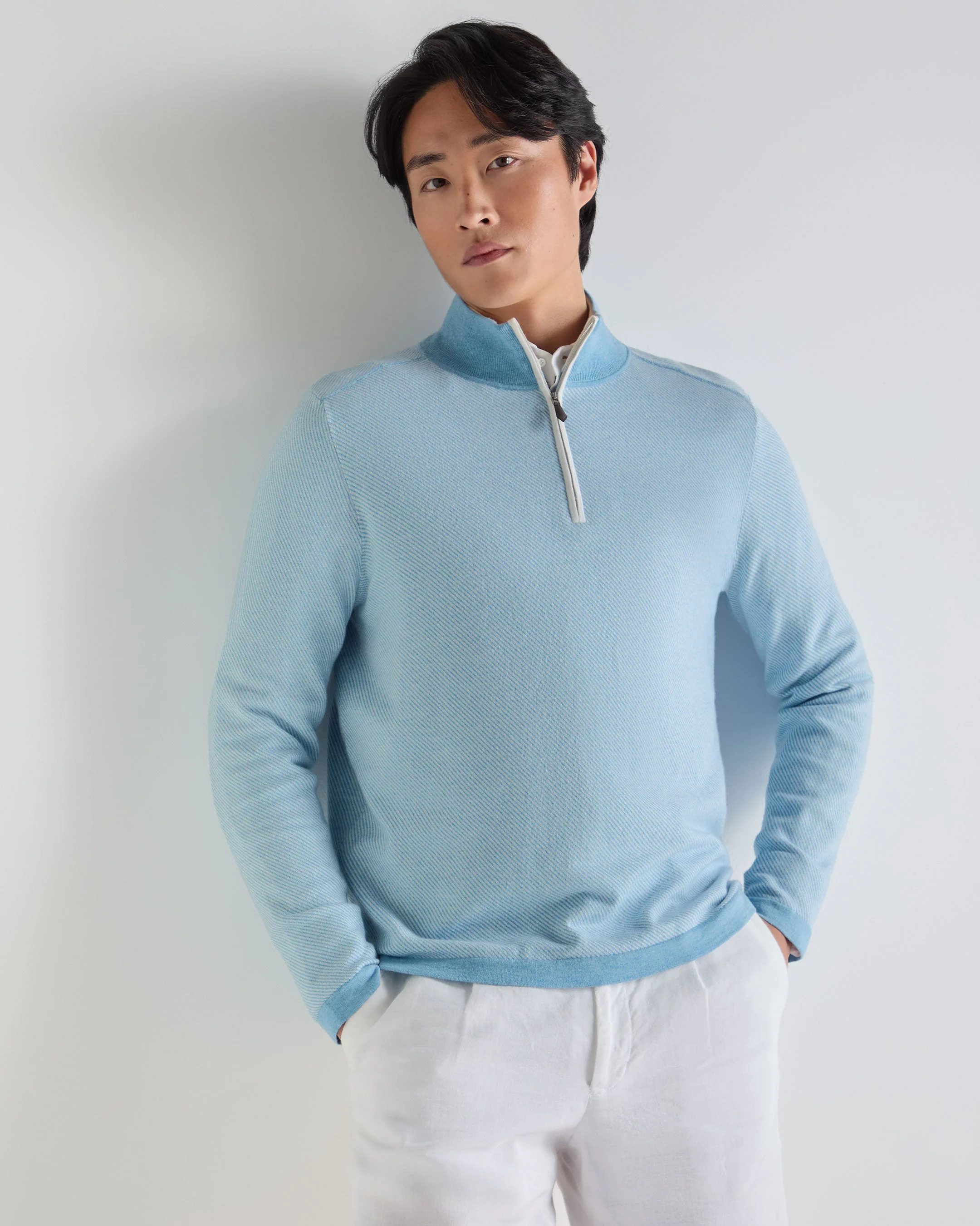 Men's Salcombe Jacquard Half Zip Cotton Cashmere Sweater Cornflower Blue