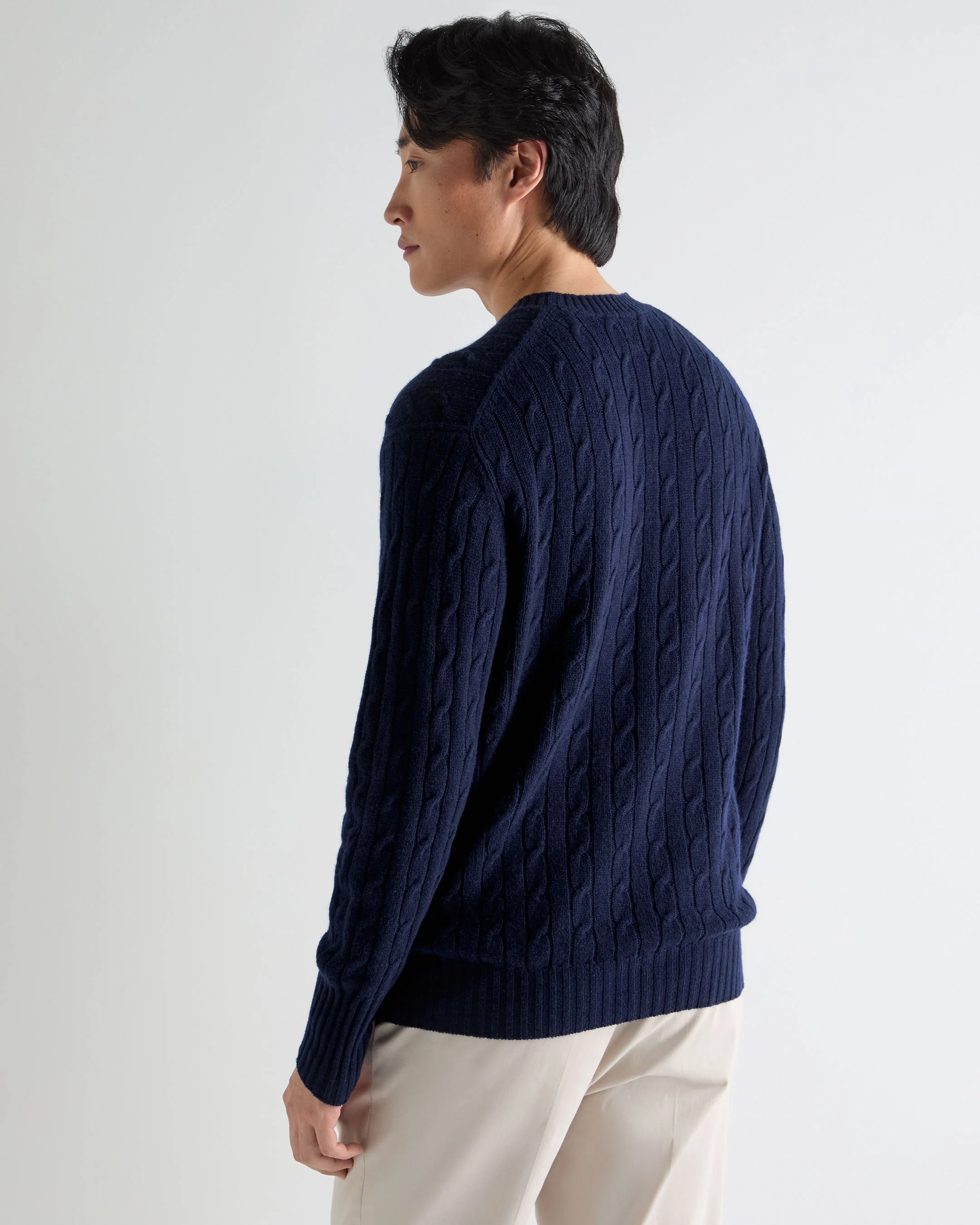 Men's Thames Cable Round Neck Cashmere Sweater Deep French Blue - Image 4