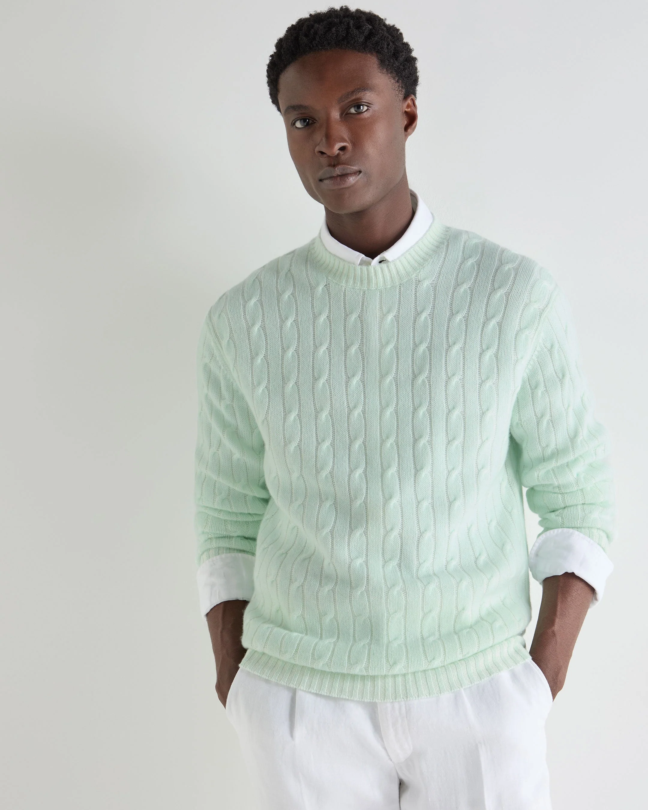 Men's Thames Cable Round Neck Cashmere Sweater Mint Green