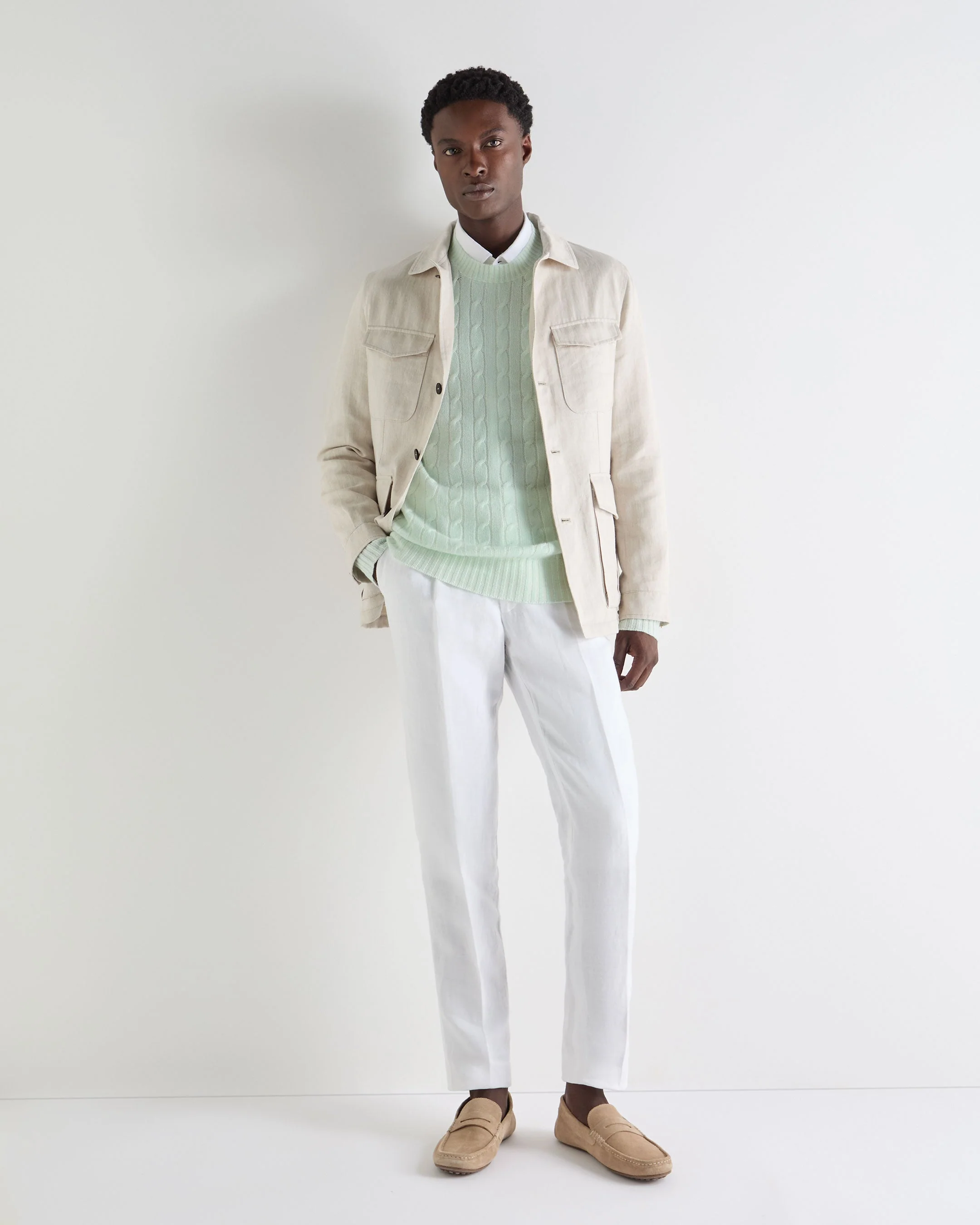Men's Thames Cable Round Neck Cashmere Sweater Mint Green - Image 3