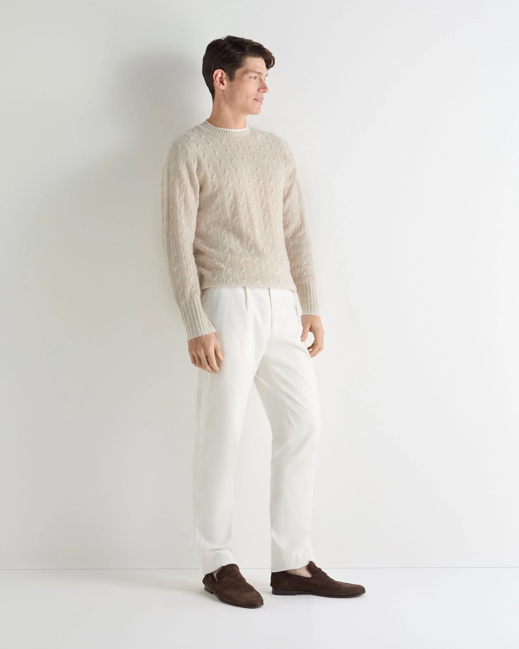 Men's Thames Cable Round Neck Cashmere Sweater Sand Brown - Image 3