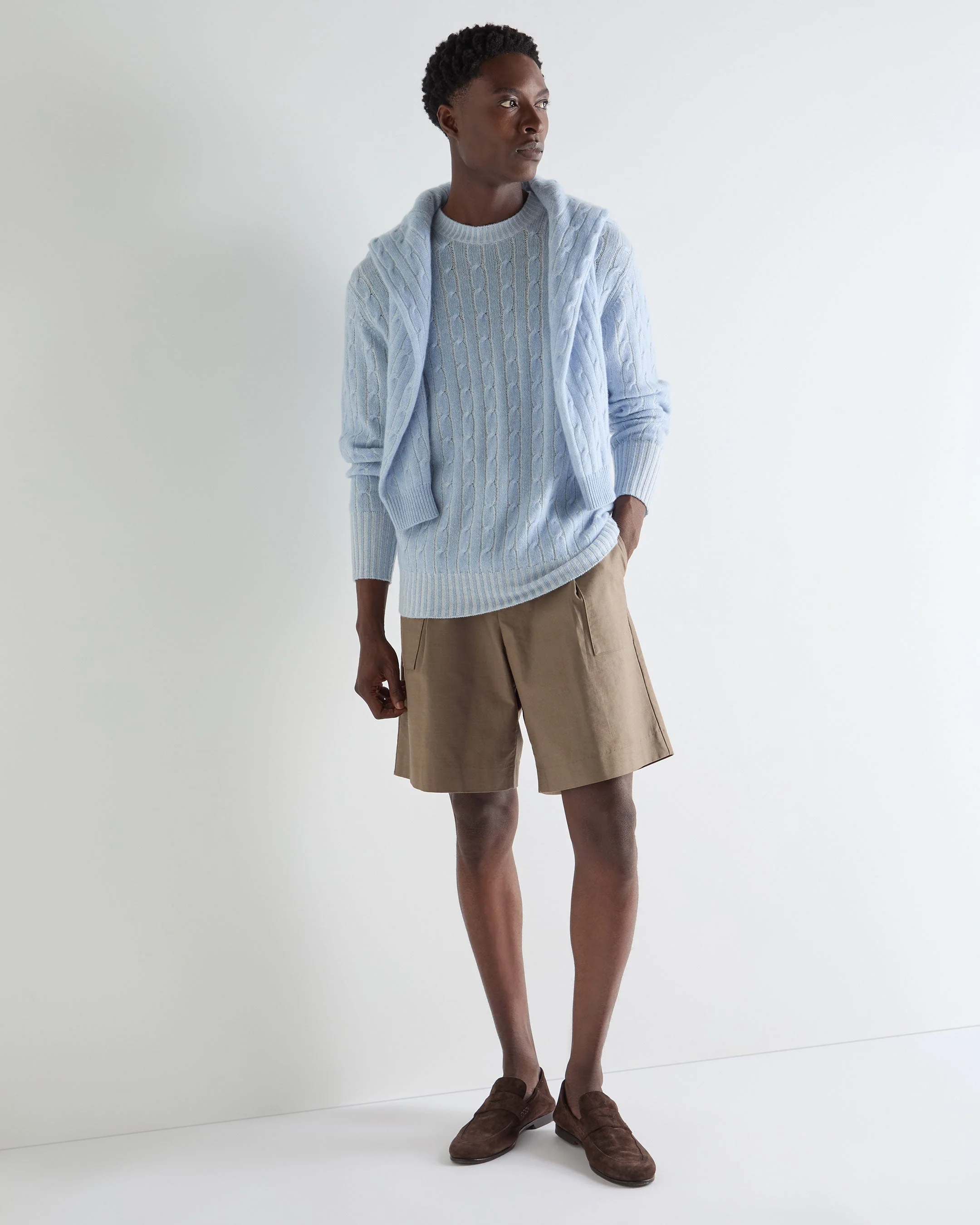Men's Thames Cable Round Neck Cashmere Sweater Sea Mist Blue - Image 3