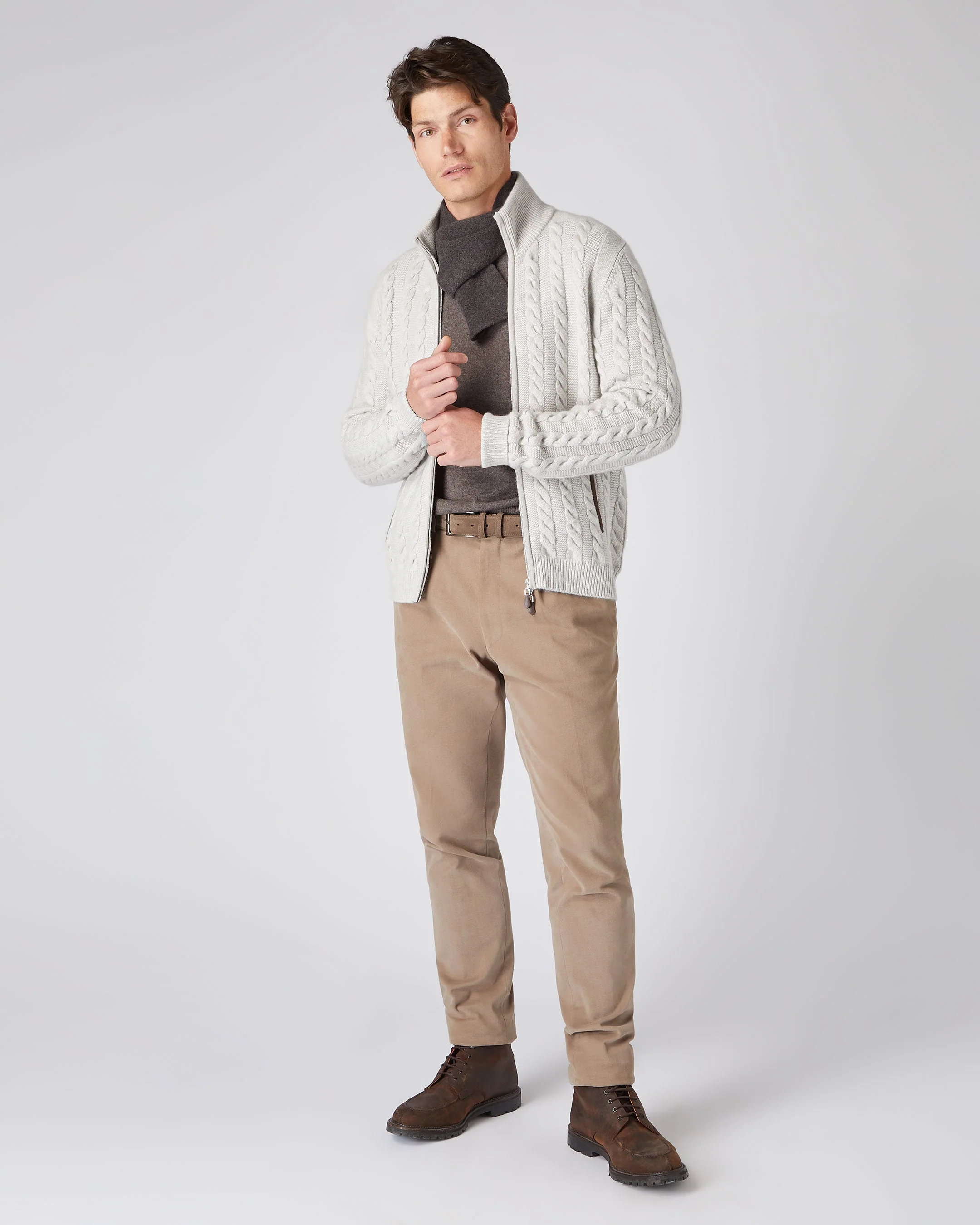 Men's Richmond Cable Cashmere Cardigan Pebble Grey - Image 3