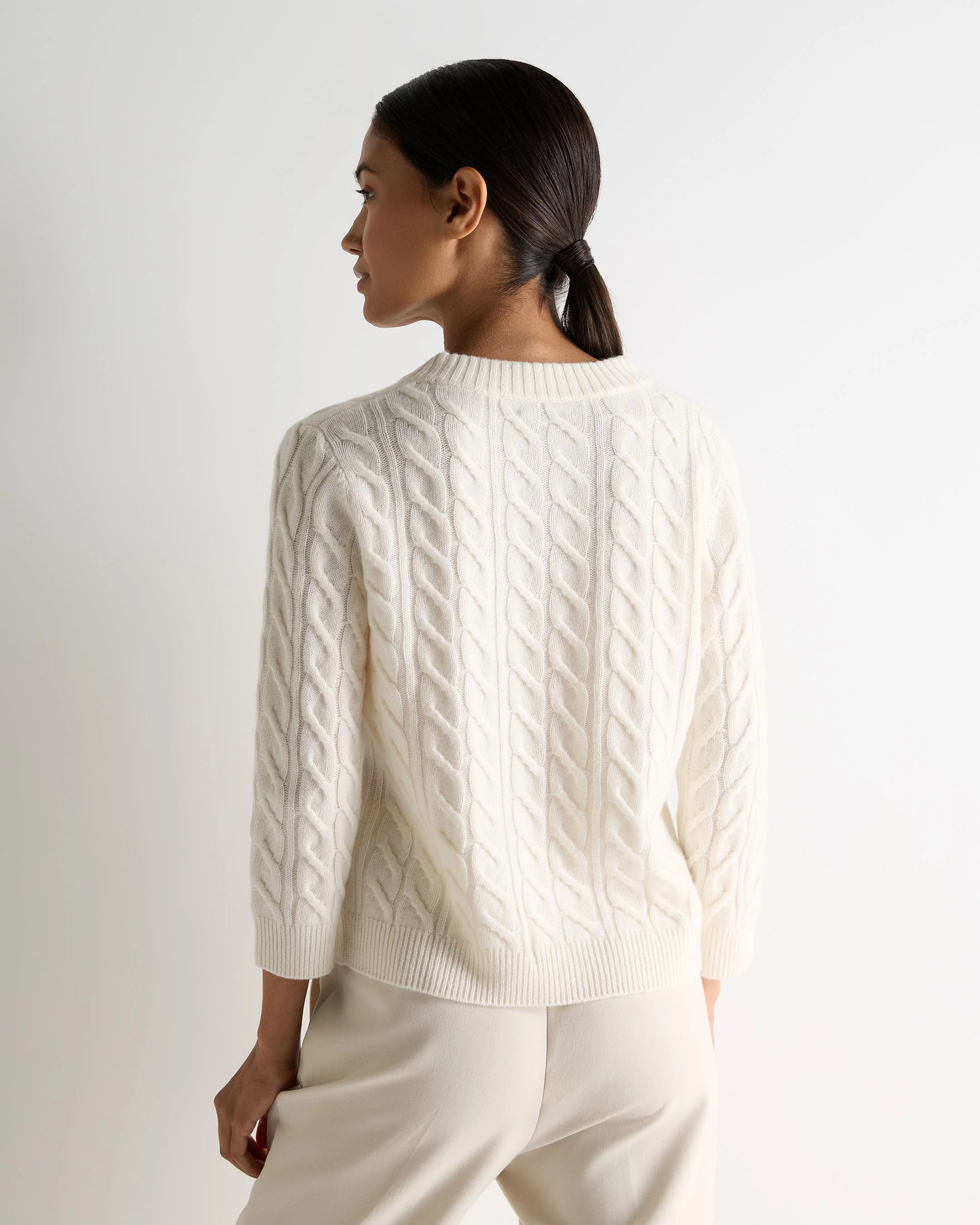 Women's Emilia Cable Round Neck Cashmere Sweater New Ivory White - Image 4