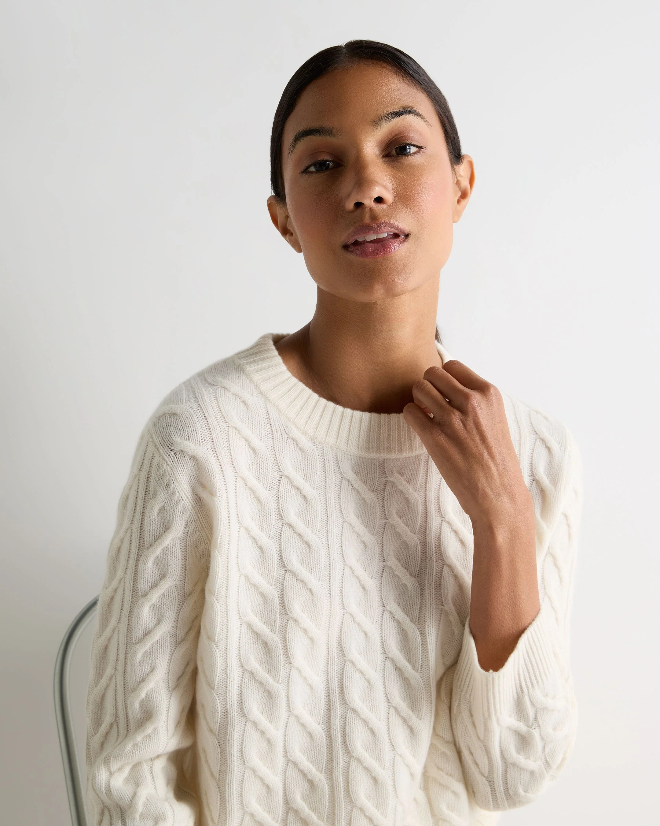 Women's Emilia Cable Round Neck Cashmere Sweater New Ivory White - Image 5
