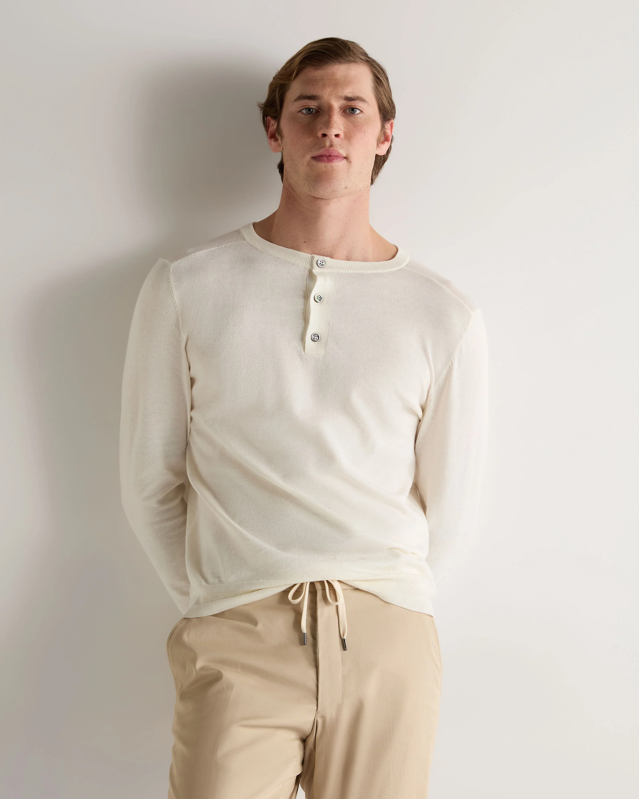 007 Round Neck Cotton Cashmere Henley New Ivory White - Image 7