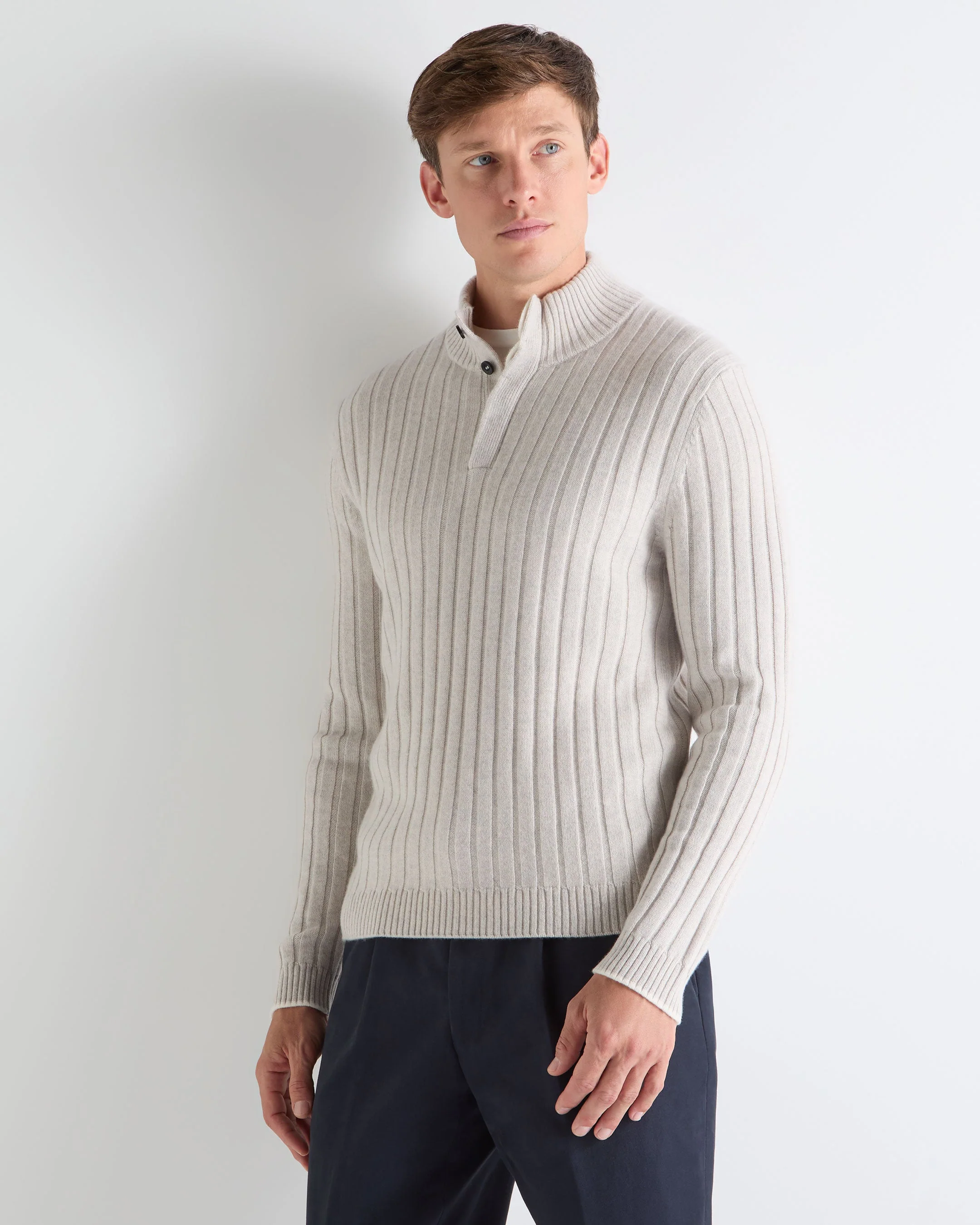 TUCCI RIB HALF BUTTON SWEATER Pebble Grey - Image 3