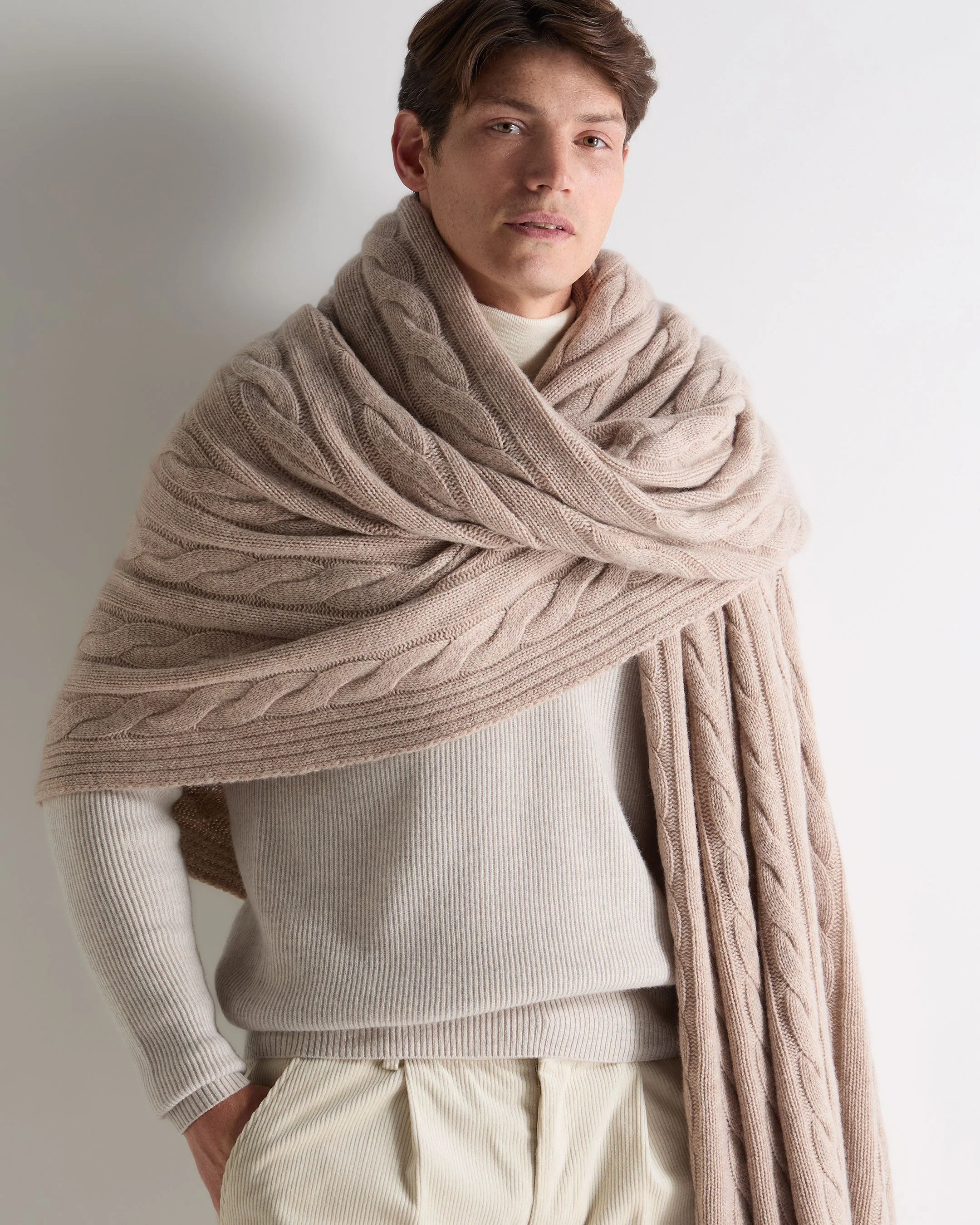 Unisex Cable Cashmere Throw Oatmeal Brown - Image 4