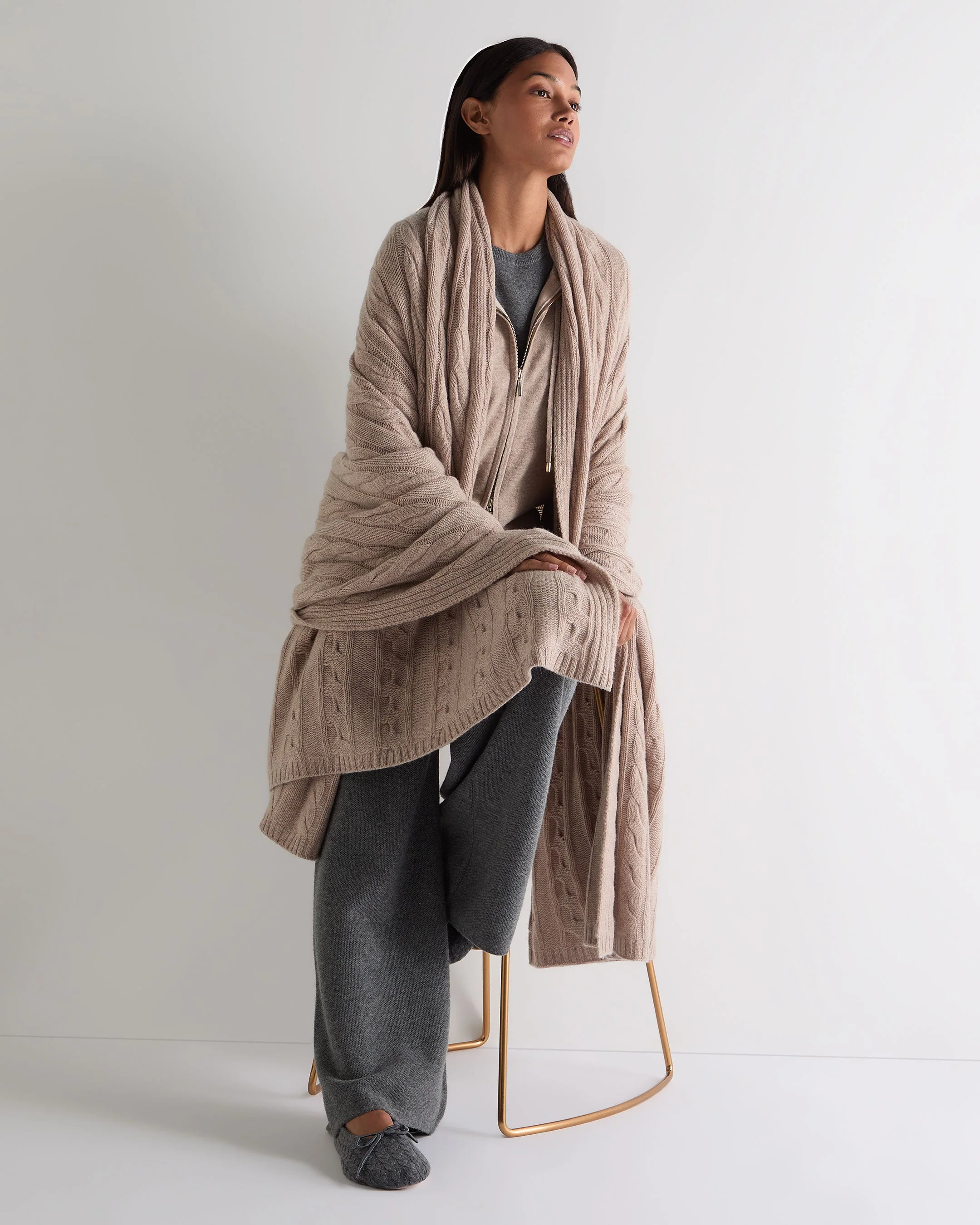 Unisex Cable Cashmere Throw Oatmeal Brown - Image 5